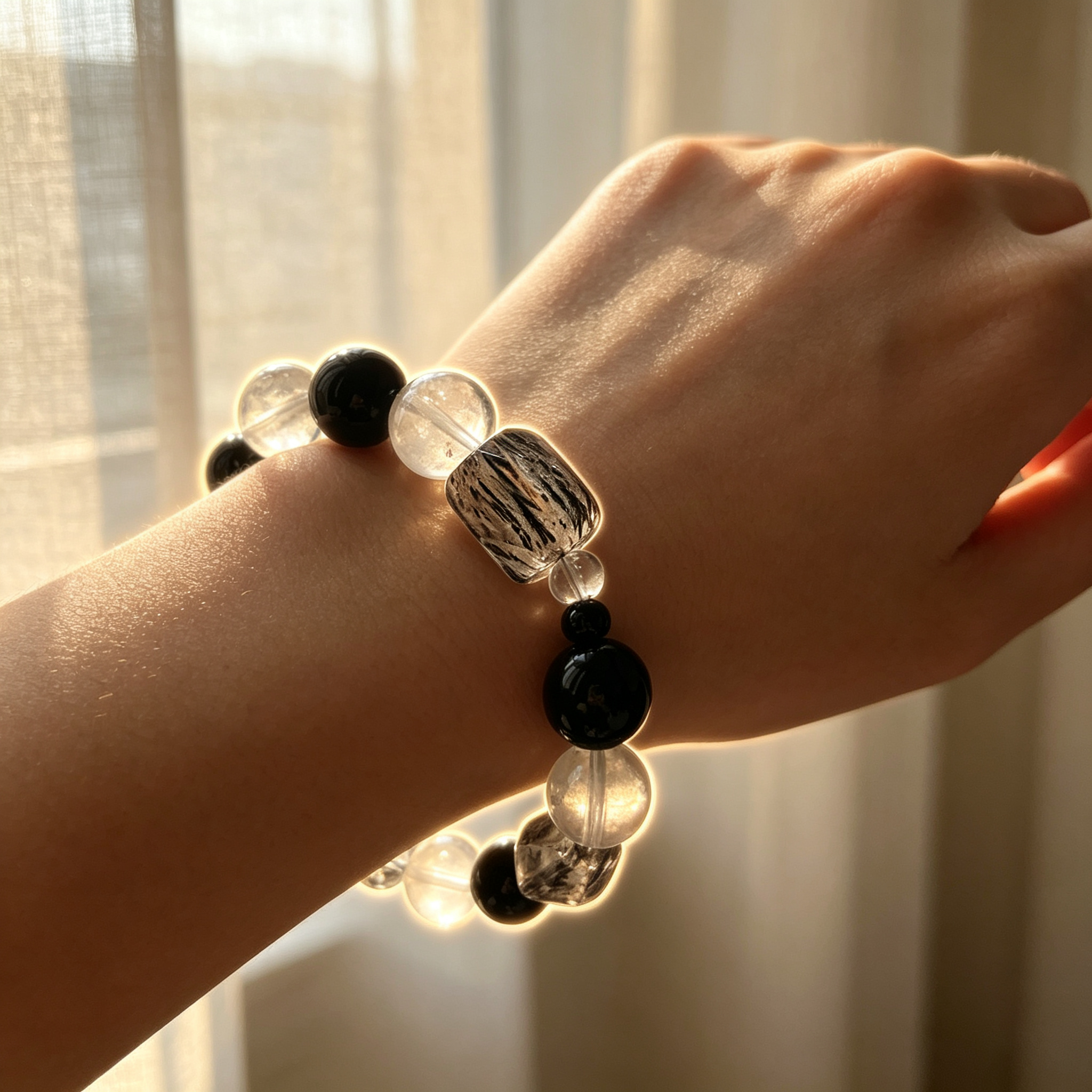 White Snow Phantom Quartz Obsidian Black Rutilated Quartz Clear Quartz Bracelet Natural Crystal Protection Calm Road Opener Beaded Bracelet