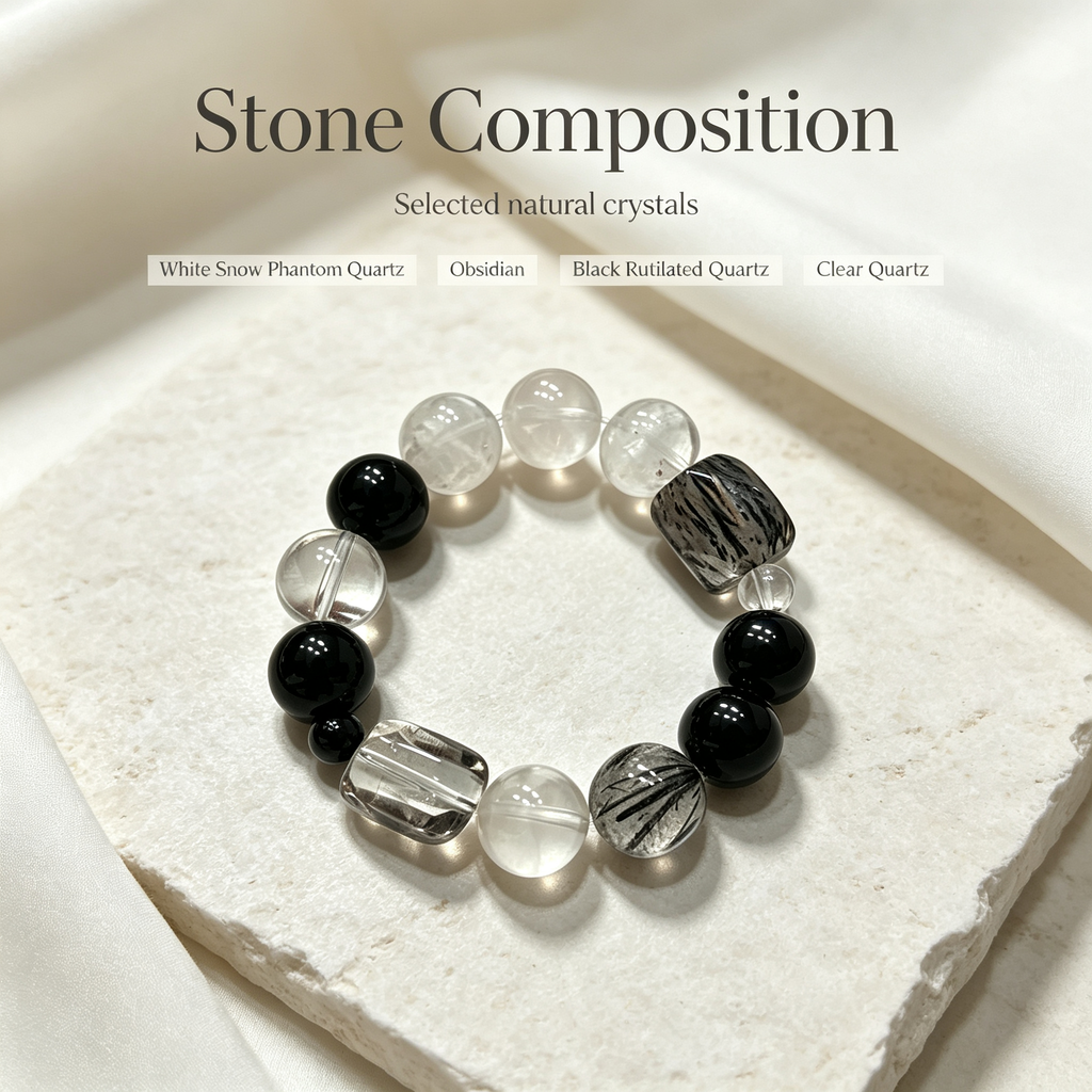 White Snow Phantom Quartz Obsidian Black Rutilated Quartz Clear Quartz Bracelet Natural Crystal Protection Calm Road Opener Beaded Bracelet