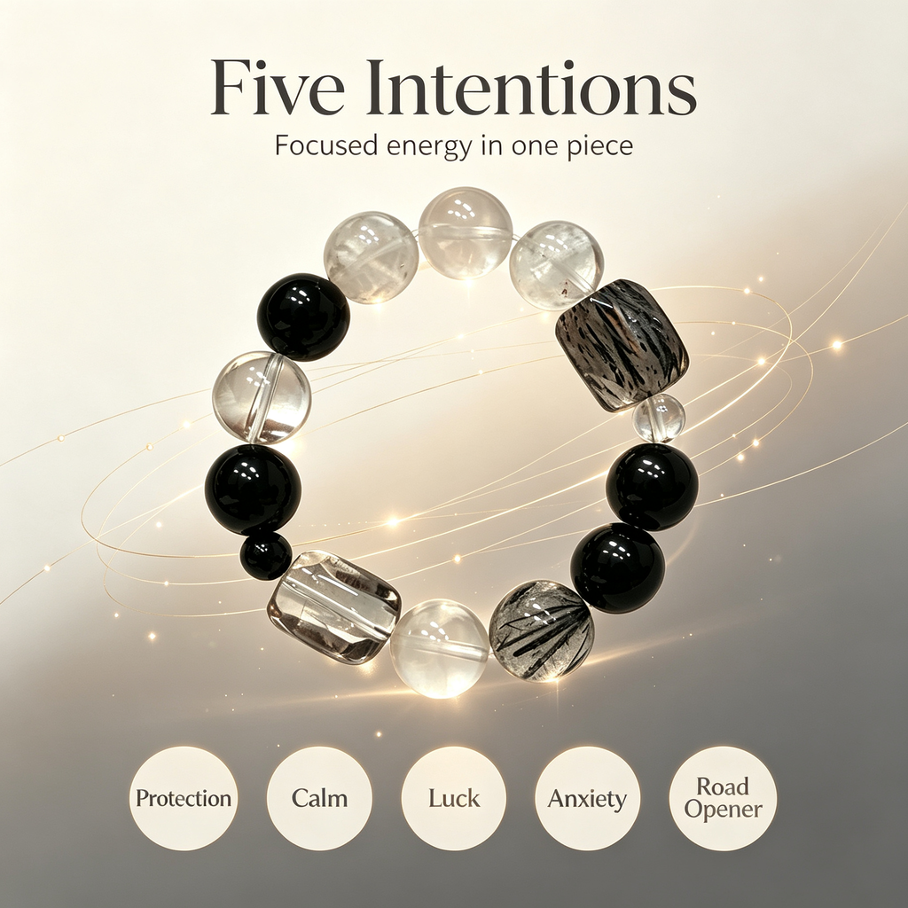 White Snow Phantom Quartz Obsidian Black Rutilated Quartz Clear Quartz Bracelet Natural Crystal Protection Calm Road Opener Beaded Bracelet