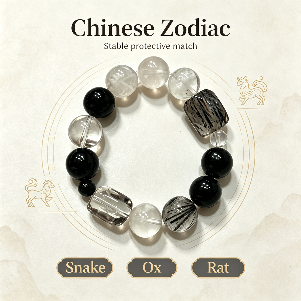 White Snow Phantom Quartz Obsidian Black Rutilated Quartz Clear Quartz Bracelet Natural Crystal Protection Calm Road Opener Beaded Bracelet