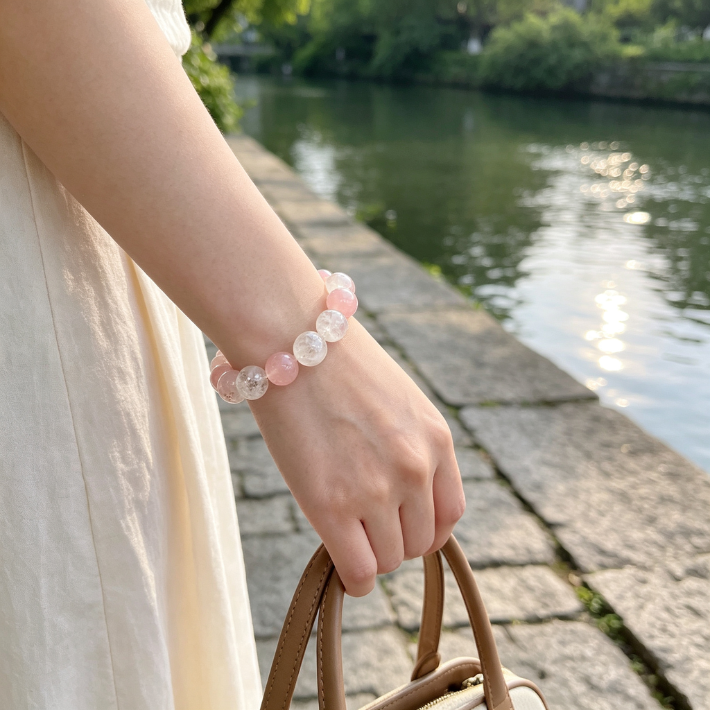 Snow Phantom Quartz Rose Quartz Bracelet Natural Crystal Love Relationship Calm Luck Beaded Bracelet