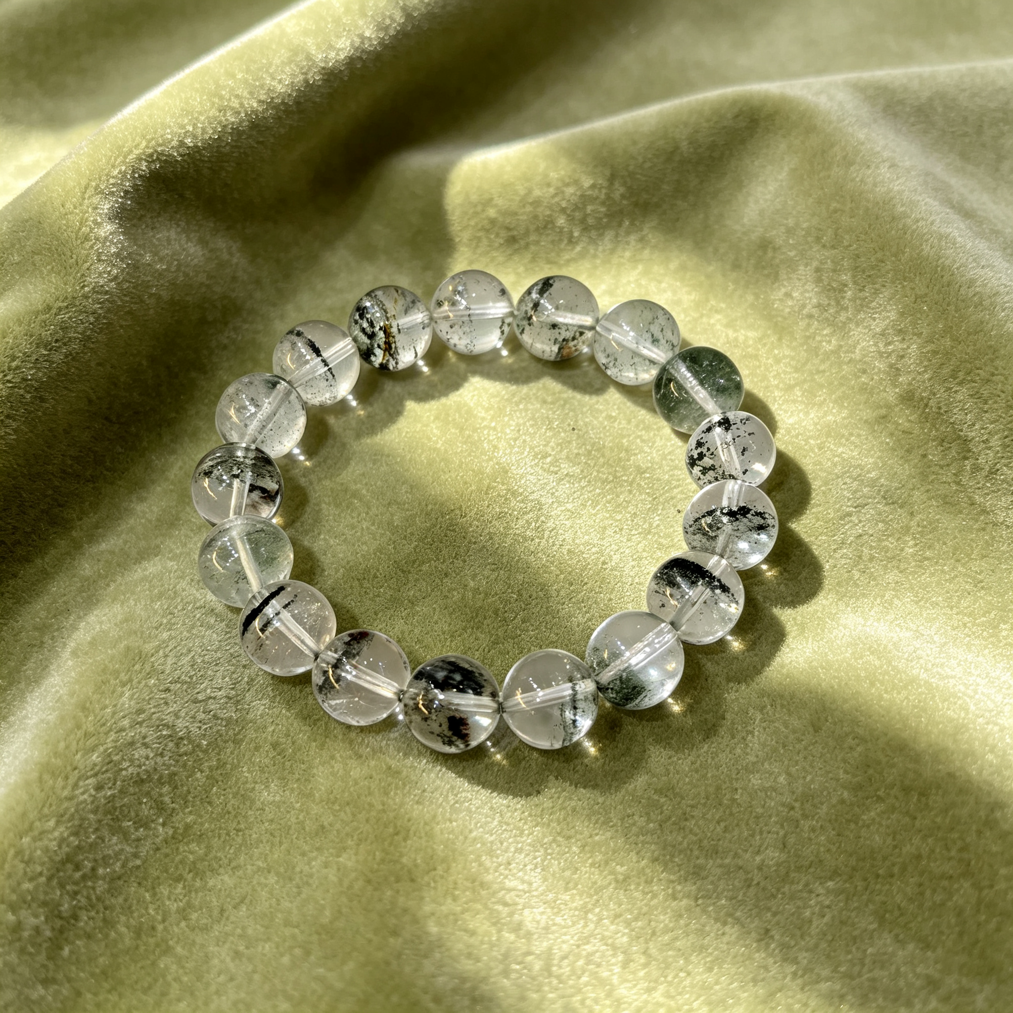 Green Phantom Quartz Bracelet, Natural Green Phantom Quartz Crystal Beaded Bracelet for Wealth Success Luck Calm Protection, Unisex Crystal Jewelry Gift