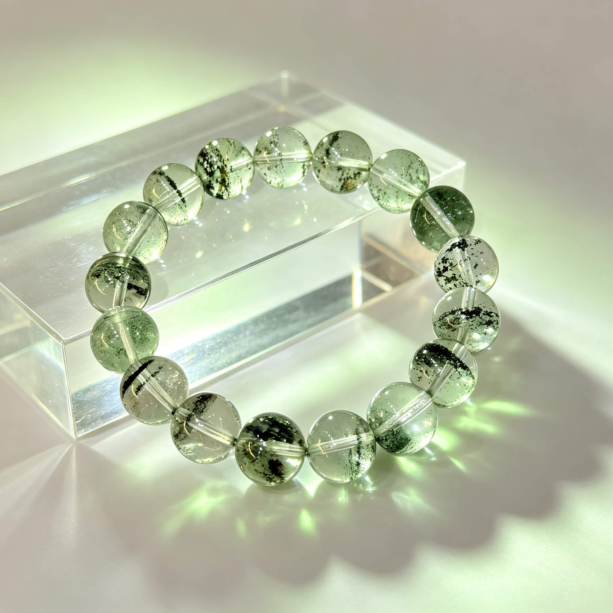 Green Phantom Quartz Bracelet, Natural Green Phantom Quartz Crystal Beaded Bracelet for Wealth Success Luck Calm Protection, Unisex Crystal Jewelry Gift