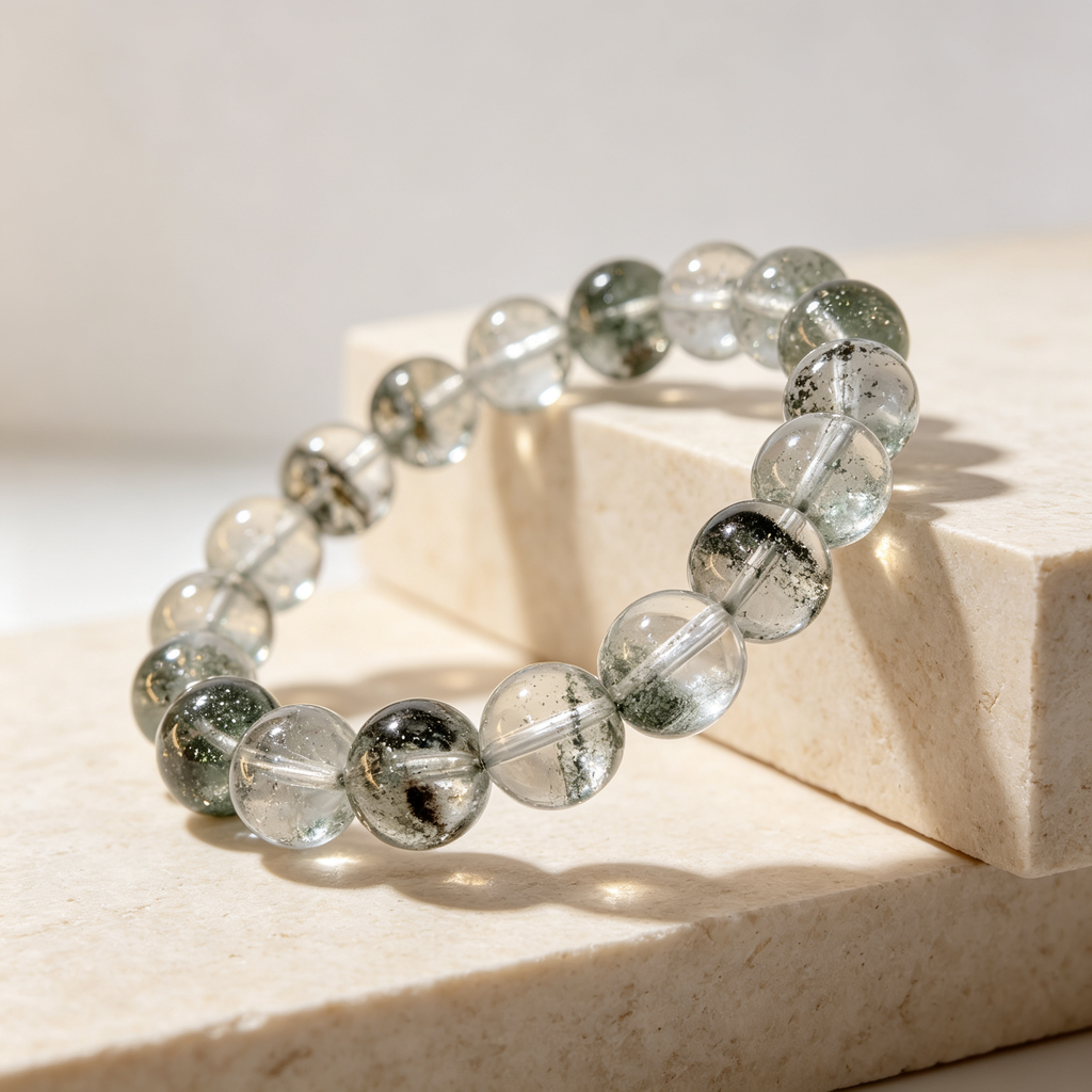 Green Phantom Quartz Bracelet, Natural Green Phantom Quartz Crystal Beaded Bracelet for Wealth Success Luck Calm Protection, Unisex Crystal Jewelry Gift