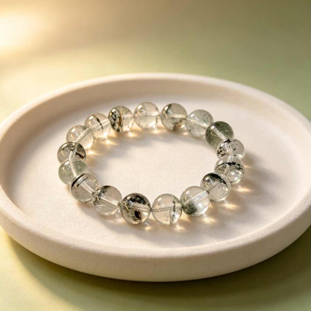 Green Phantom Quartz Bracelet, Natural Green Phantom Quartz Crystal Beaded Bracelet for Wealth Success Luck Calm Protection, Unisex Crystal Jewelry Gift