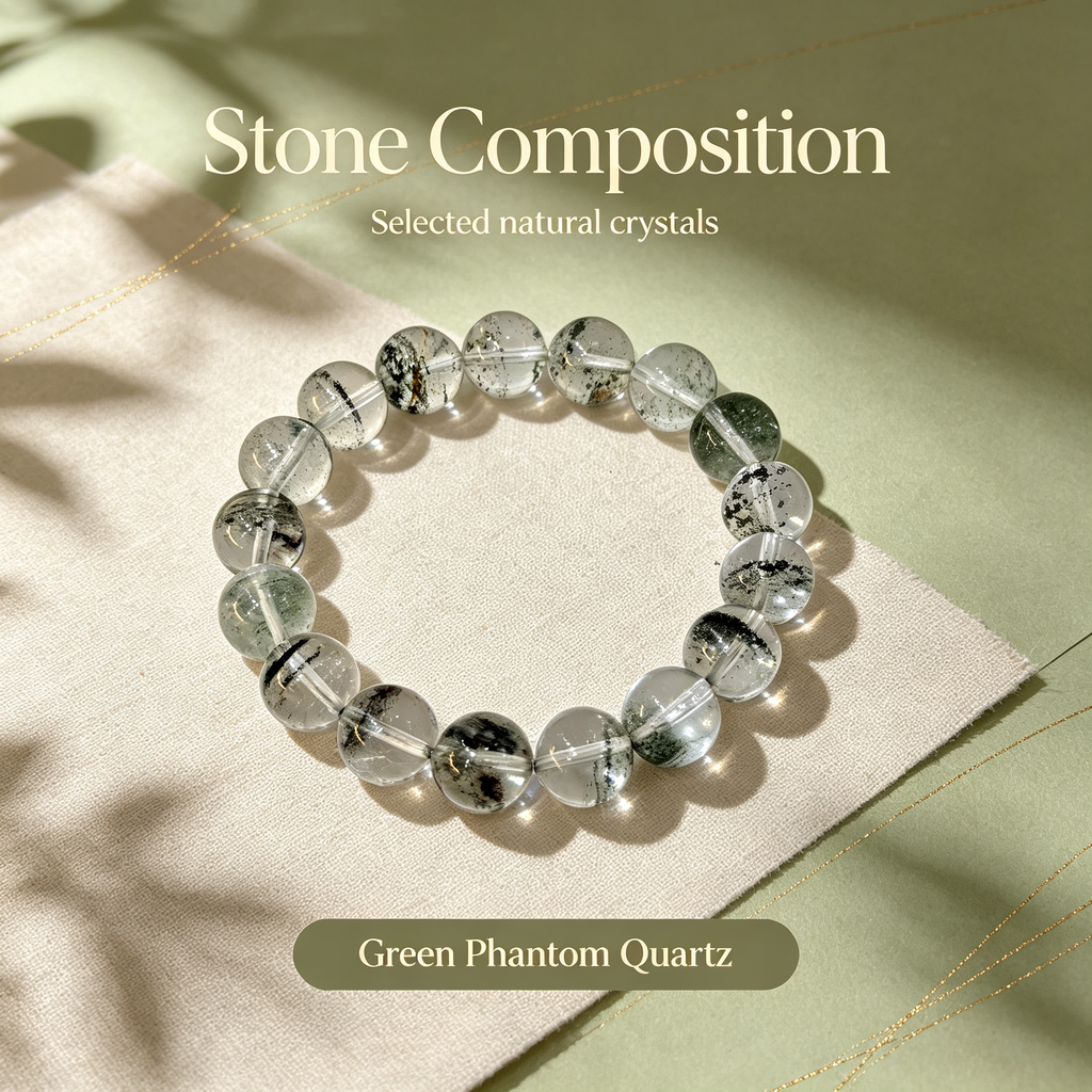 Green Phantom Quartz Bracelet, Natural Green Phantom Quartz Crystal Beaded Bracelet for Wealth Success Luck Calm Protection, Unisex Crystal Jewelry Gift