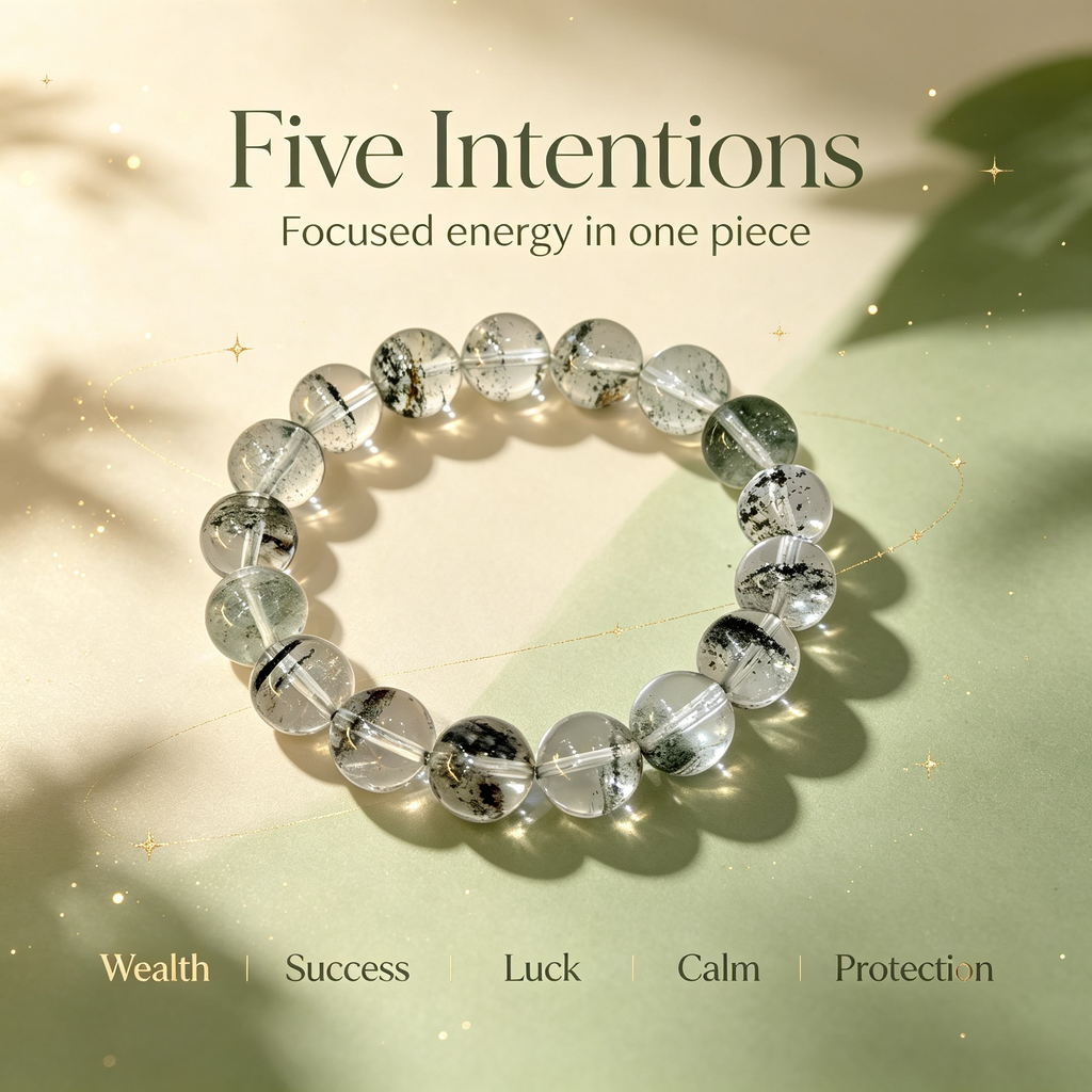Green Phantom Quartz Bracelet, Natural Green Phantom Quartz Crystal Beaded Bracelet for Wealth Success Luck Calm Protection, Unisex Crystal Jewelry Gift
