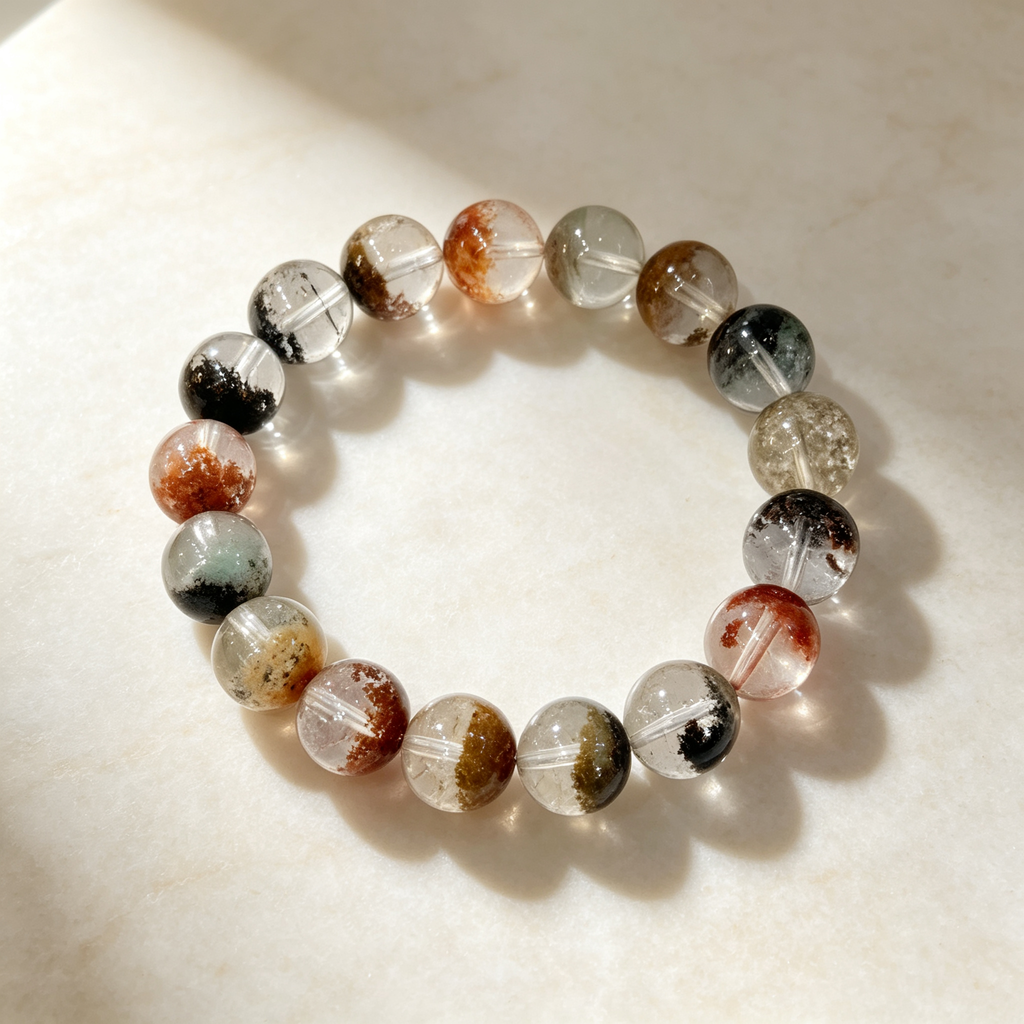 Multicolor Phantom Quartz Bracelet, Natural Multicolor Phantom Quartz Crystal Beaded Bracelet for Wealth Success Luck Calm Protection, Unisex Crystal Jewelry Gift