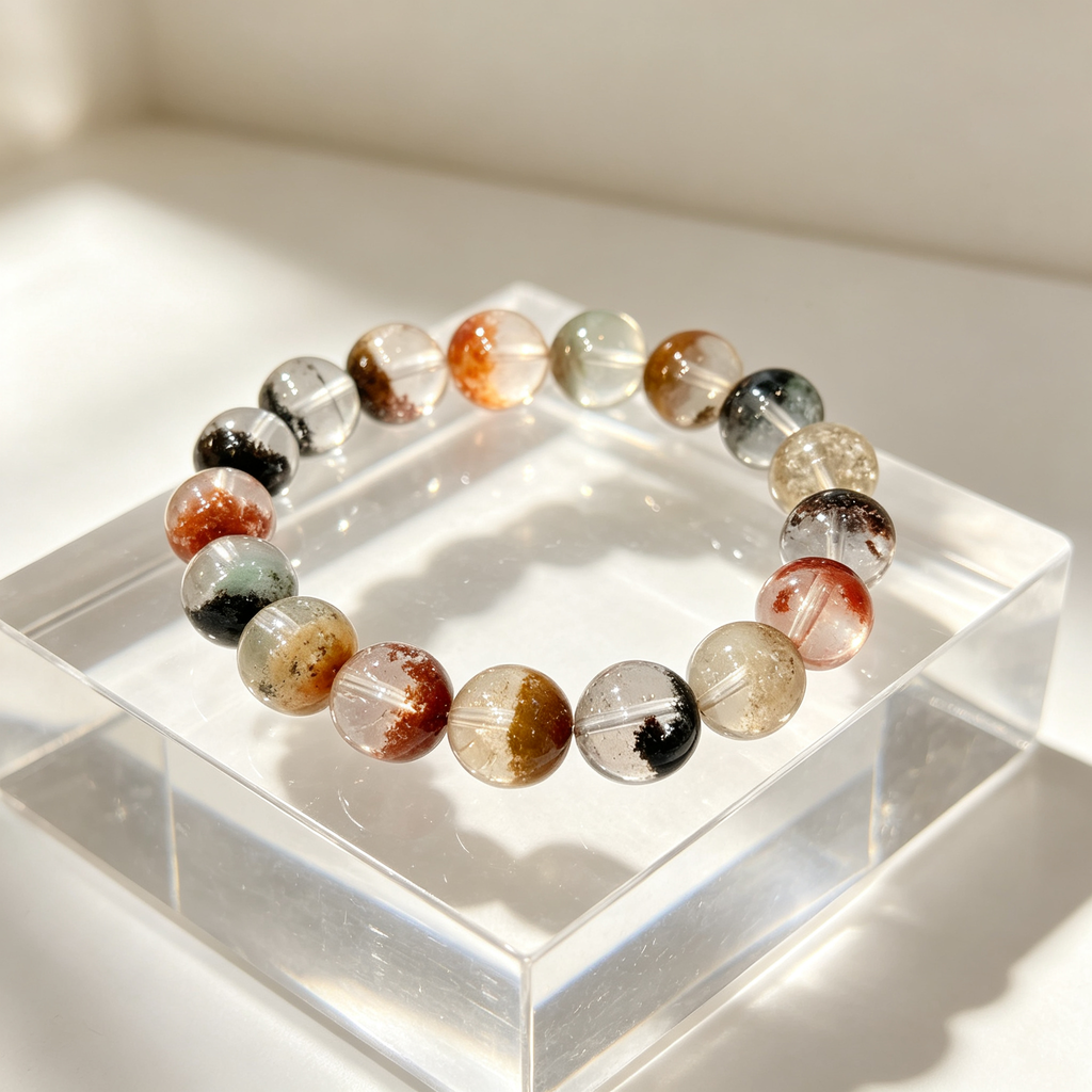 Multicolor Phantom Quartz Bracelet, Natural Multicolor Phantom Quartz Crystal Beaded Bracelet for Wealth Success Luck Calm Protection, Unisex Crystal Jewelry Gift