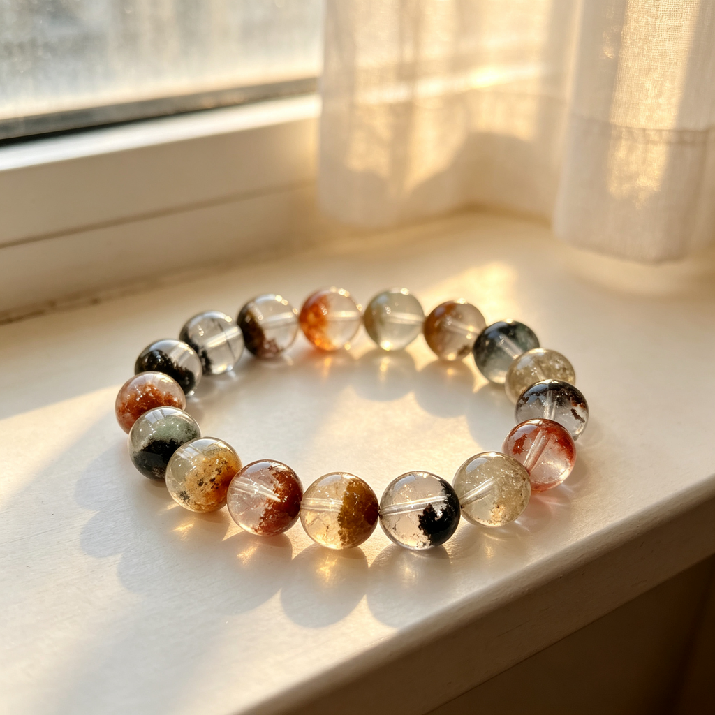 Multicolor Phantom Quartz Bracelet, Natural Multicolor Phantom Quartz Crystal Beaded Bracelet for Wealth Success Luck Calm Protection, Unisex Crystal Jewelry Gift