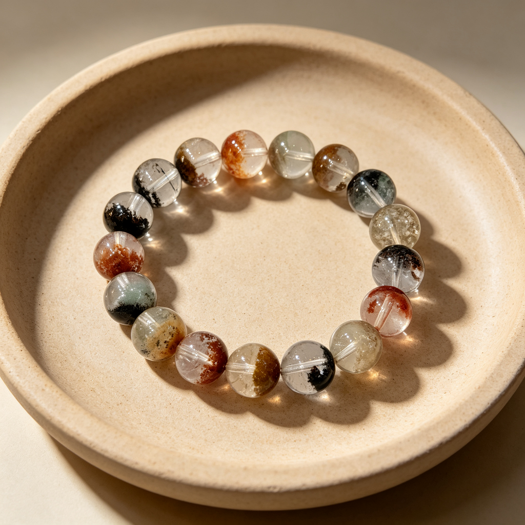 Multicolor Phantom Quartz Bracelet, Natural Multicolor Phantom Quartz Crystal Beaded Bracelet for Wealth Success Luck Calm Protection, Unisex Crystal Jewelry Gift