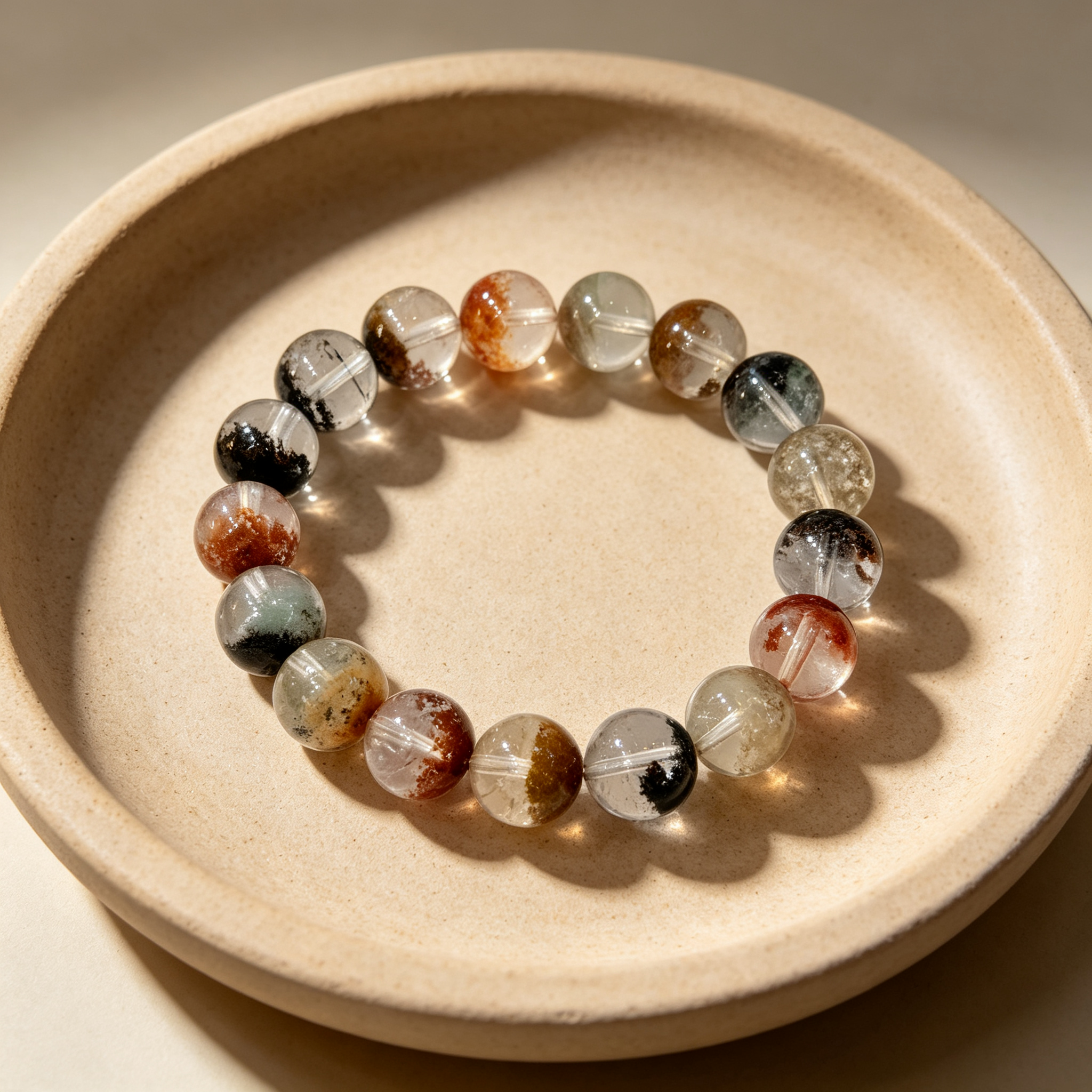 Multicolor Phantom Quartz Bracelet, Natural Multicolor Phantom Quartz Crystal Beaded Bracelet for Wealth Success Luck Calm Protection, Unisex Crystal Jewelry Gift