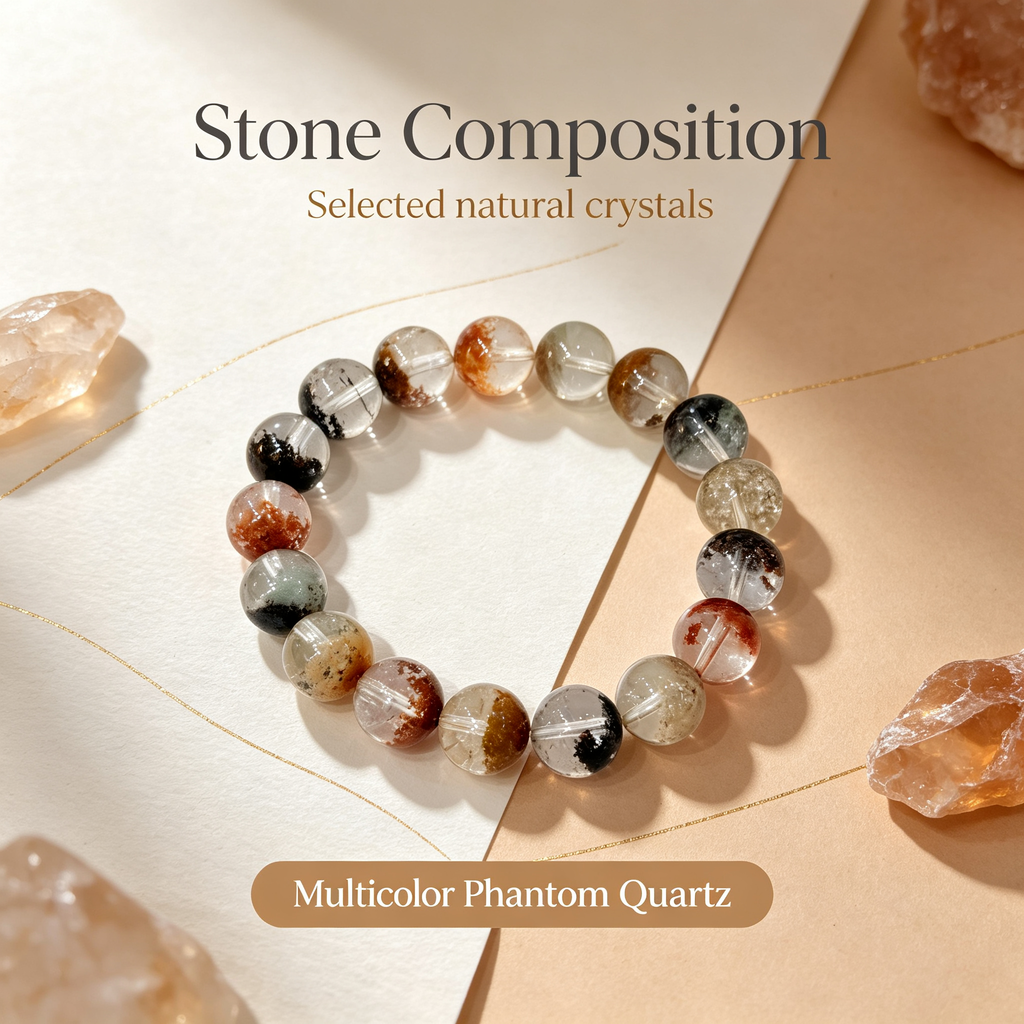 Multicolor Phantom Quartz Bracelet, Natural Multicolor Phantom Quartz Crystal Beaded Bracelet for Wealth Success Luck Calm Protection, Unisex Crystal Jewelry Gift