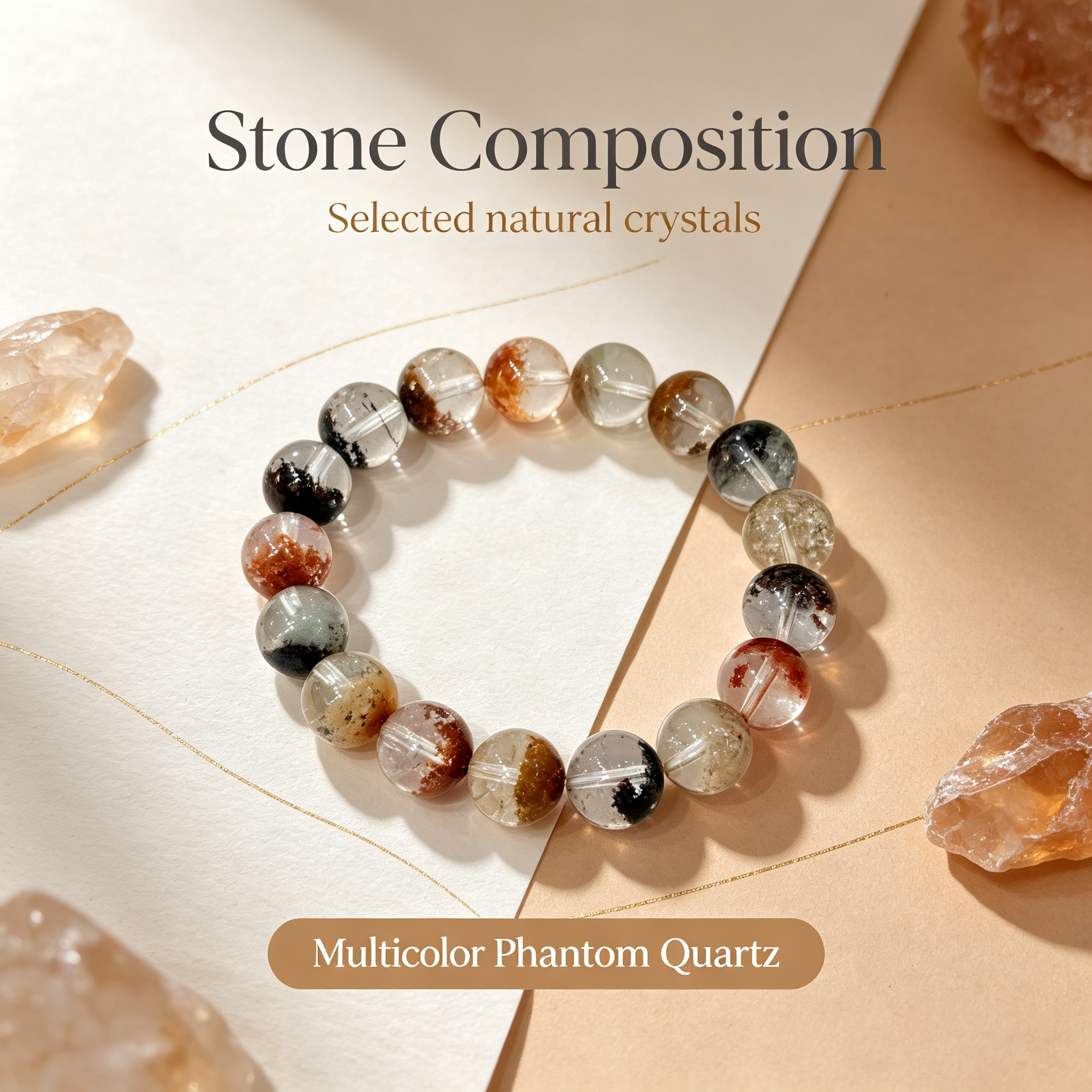 Multicolor Phantom Quartz Bracelet, Natural Multicolor Phantom Quartz Crystal Beaded Bracelet for Wealth Success Luck Calm Protection, Unisex Crystal Jewelry Gift