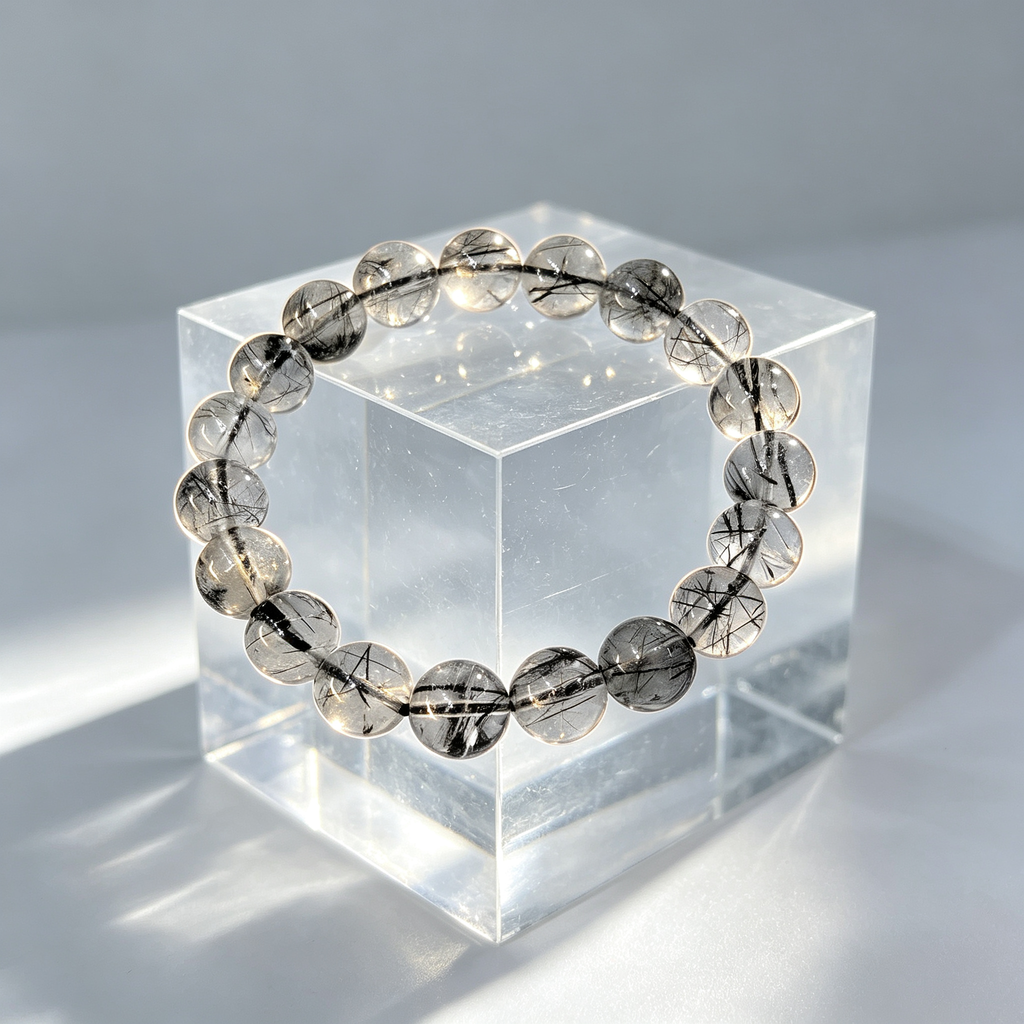 Black Rutilated Quartz Bracelet, Natural Black Rutilated Quartz Crystal Beaded Bracelet for Protection Success Calm Luck Wealth, Unisex Crystal Jewelry Gift