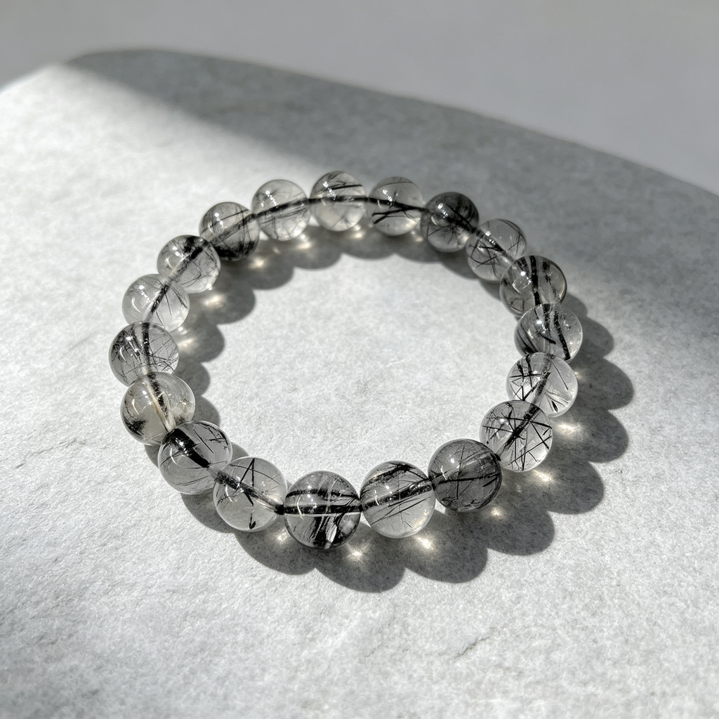 Black Rutilated Quartz Bracelet, Natural Black Rutilated Quartz Crystal Beaded Bracelet for Protection Success Calm Luck Wealth, Unisex Crystal Jewelry Gift