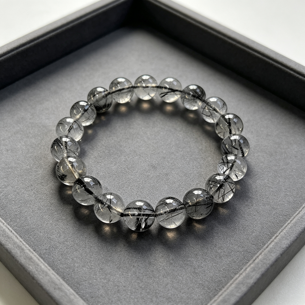 Black Rutilated Quartz Bracelet, Natural Black Rutilated Quartz Crystal Beaded Bracelet for Protection Success Calm Luck Wealth, Unisex Crystal Jewelry Gift