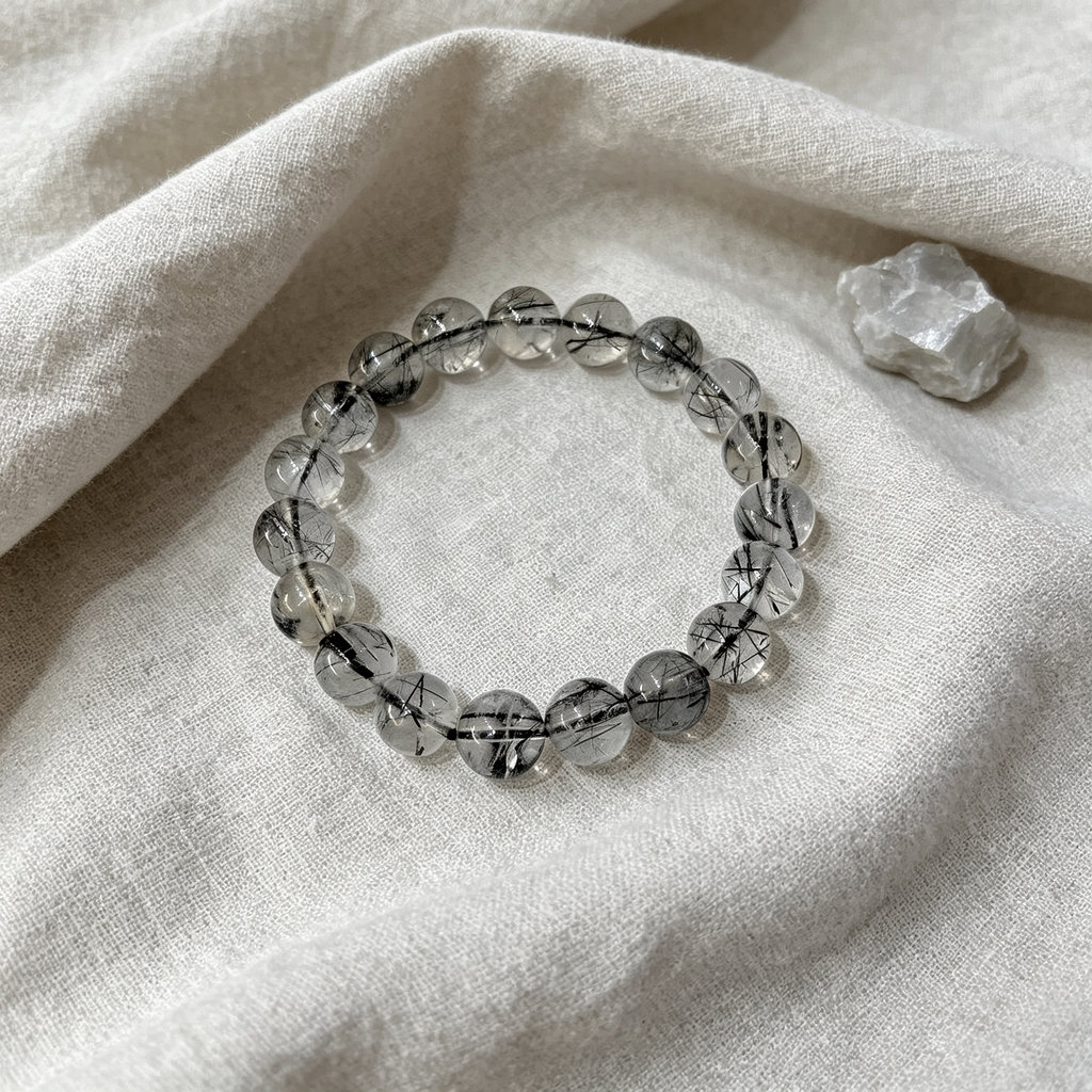 Black Rutilated Quartz Bracelet, Natural Black Rutilated Quartz Crystal Beaded Bracelet for Protection Success Calm Luck Wealth, Unisex Crystal Jewelry Gift