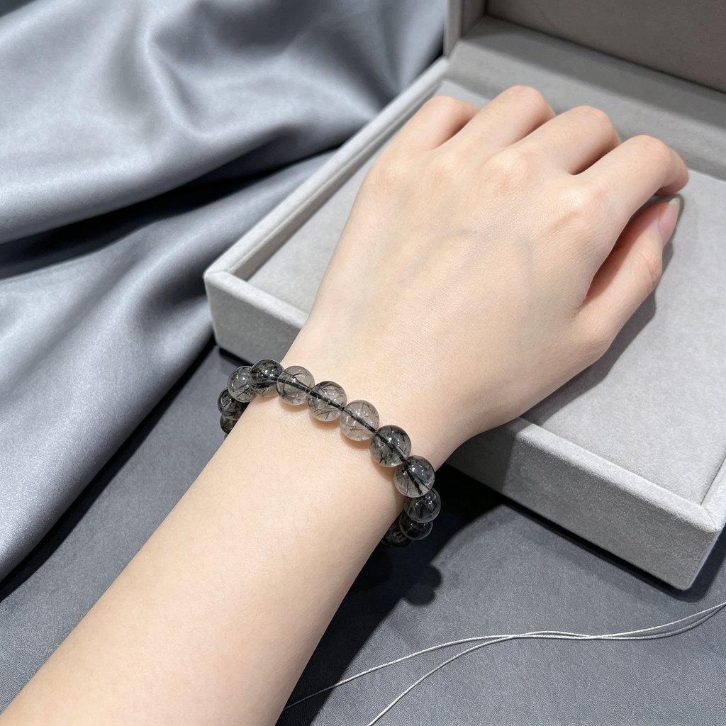 Black Rutilated Quartz Bracelet, Natural Black Rutilated Quartz Crystal Beaded Bracelet for Protection Success Calm Luck Wealth, Unisex Crystal Jewelry Gift