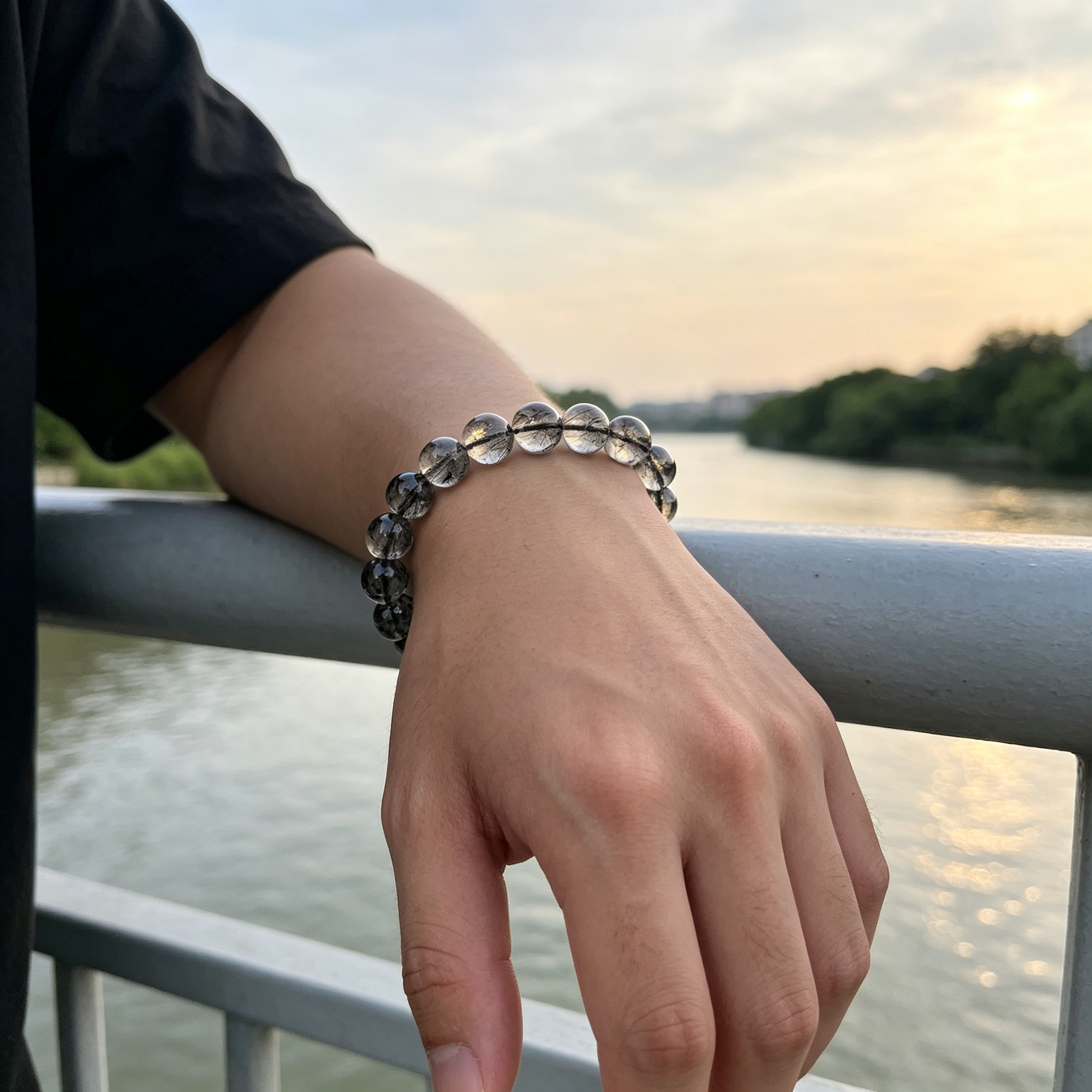 Black Rutilated Quartz Bracelet, Natural Black Rutilated Quartz Crystal Beaded Bracelet for Protection Success Calm Luck Wealth, Unisex Crystal Jewelry Gift