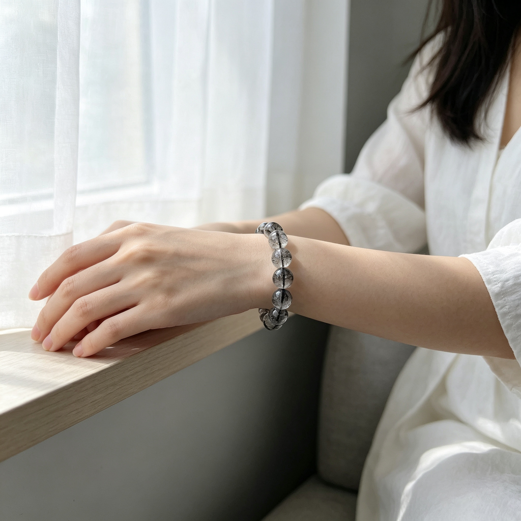 Black Rutilated Quartz Bracelet, Natural Black Rutilated Quartz Crystal Beaded Bracelet for Protection Success Calm Luck Wealth, Unisex Crystal Jewelry Gift
