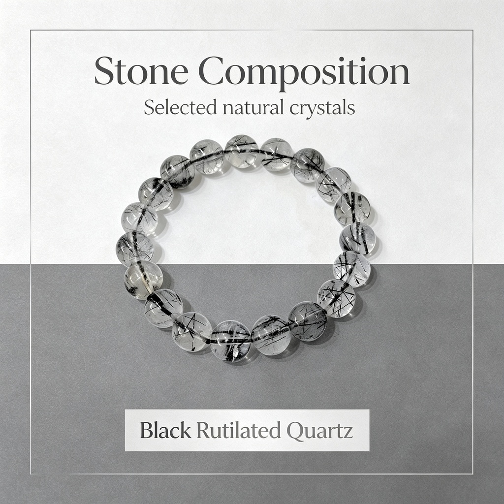 Black Rutilated Quartz Bracelet, Natural Black Rutilated Quartz Crystal Beaded Bracelet for Protection Success Calm Luck Wealth, Unisex Crystal Jewelry Gift