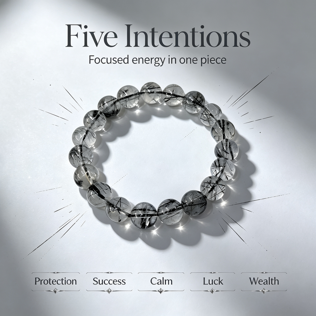 Black Rutilated Quartz Bracelet, Natural Black Rutilated Quartz Crystal Beaded Bracelet for Protection Success Calm Luck Wealth, Unisex Crystal Jewelry Gift
