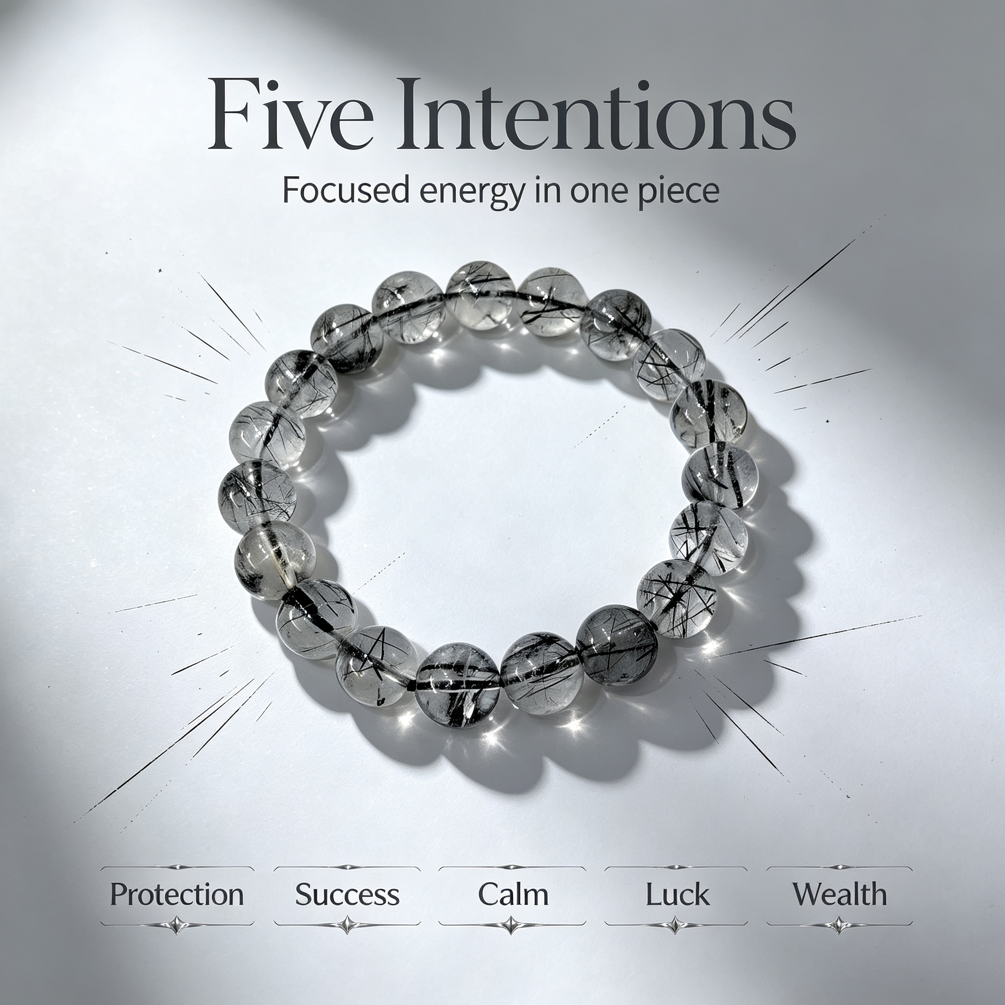 Black Rutilated Quartz Bracelet, Natural Black Rutilated Quartz Crystal Beaded Bracelet for Protection Success Calm Luck Wealth, Unisex Crystal Jewelry Gift