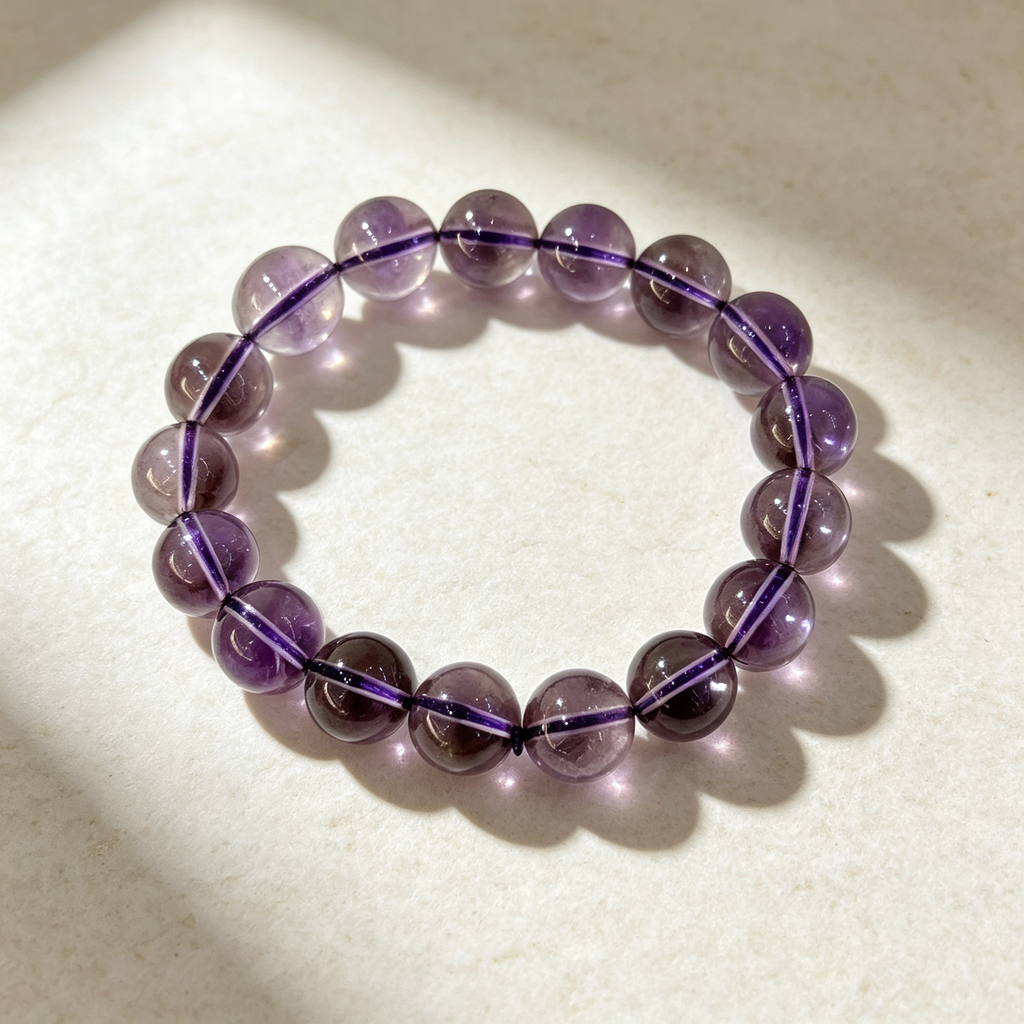 Natural Brazilian Amethyst Crystal Beaded Bracelet for Calm Success Luck Protection Wealth, Unisex Crystal Jewelry Gift