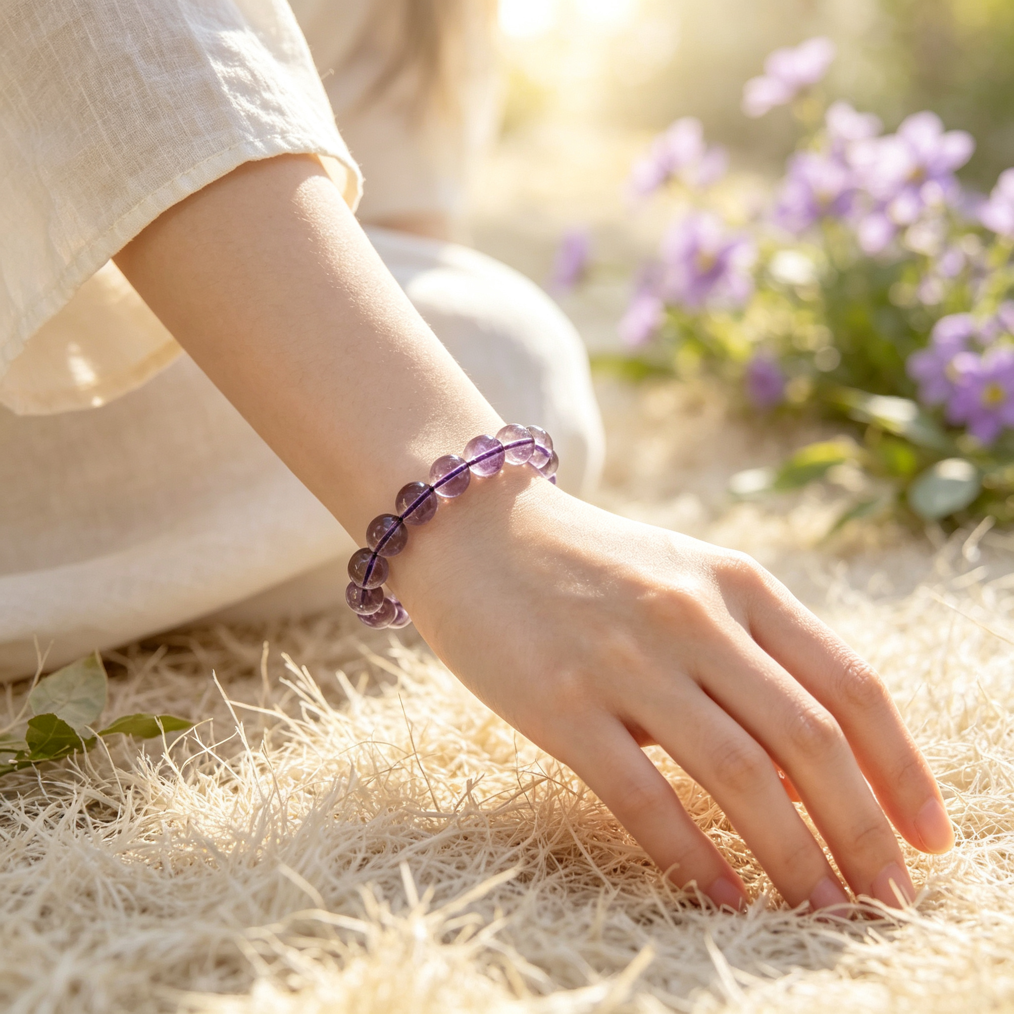 Natural Brazilian Amethyst Crystal Beaded Bracelet for Calm Success Luck Protection Wealth, Unisex Crystal Jewelry Gift