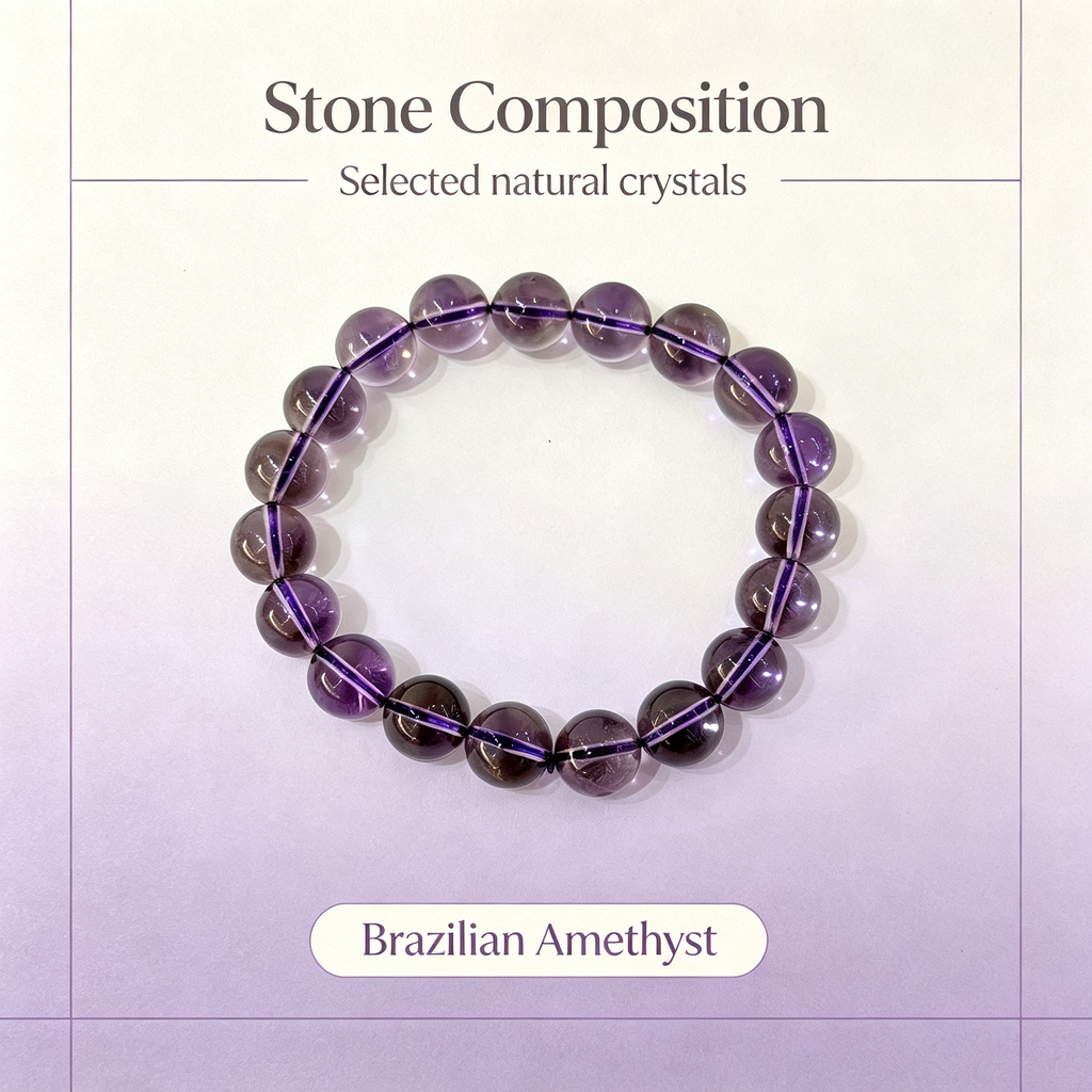 Natural Brazilian Amethyst Crystal Beaded Bracelet for Calm Success Luck Protection Wealth, Unisex Crystal Jewelry Gift
