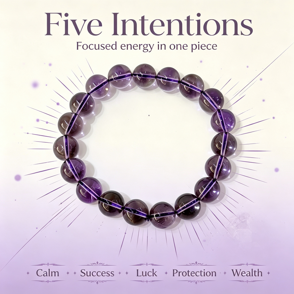 Natural Brazilian Amethyst Crystal Beaded Bracelet for Calm Success Luck Protection Wealth, Unisex Crystal Jewelry Gift