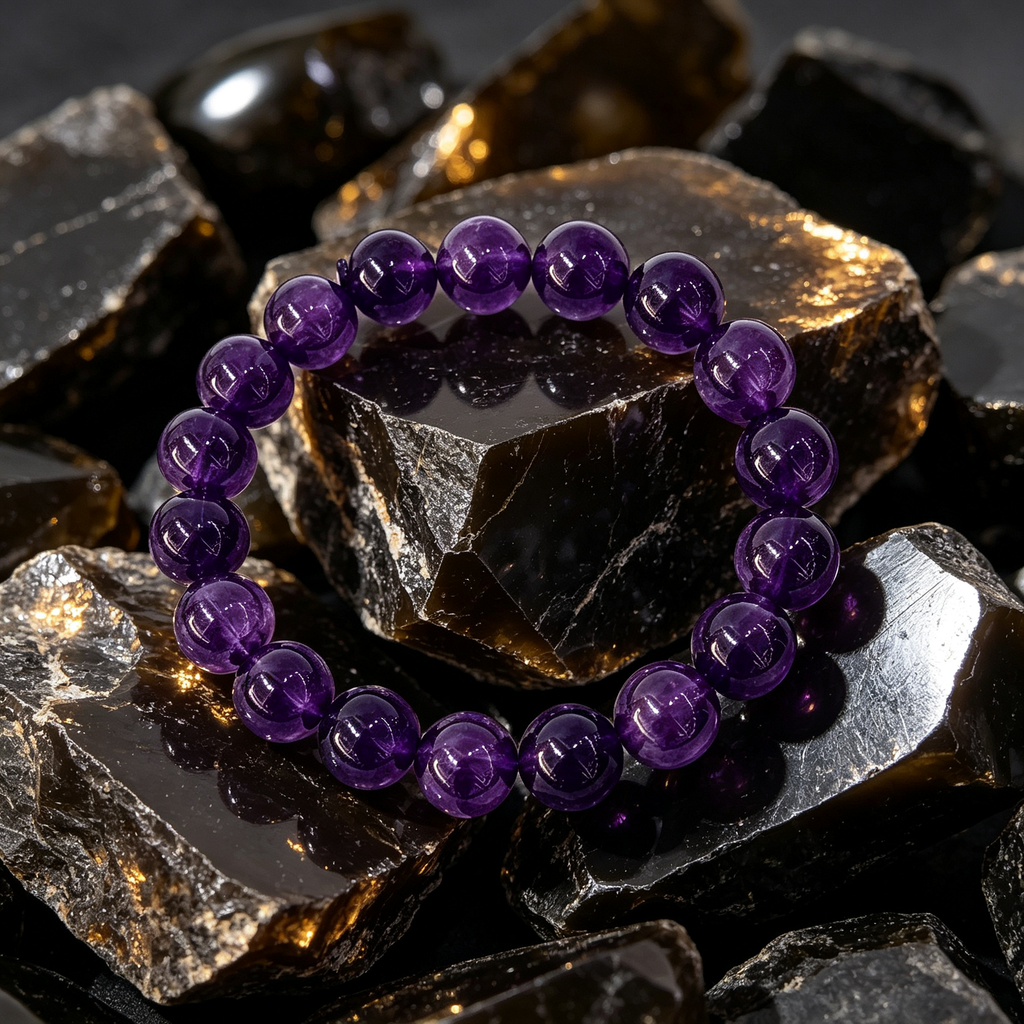 Natural Uruguayan Amethyst Crystal Beaded Bracelet for Calm Career Protection Luck Success