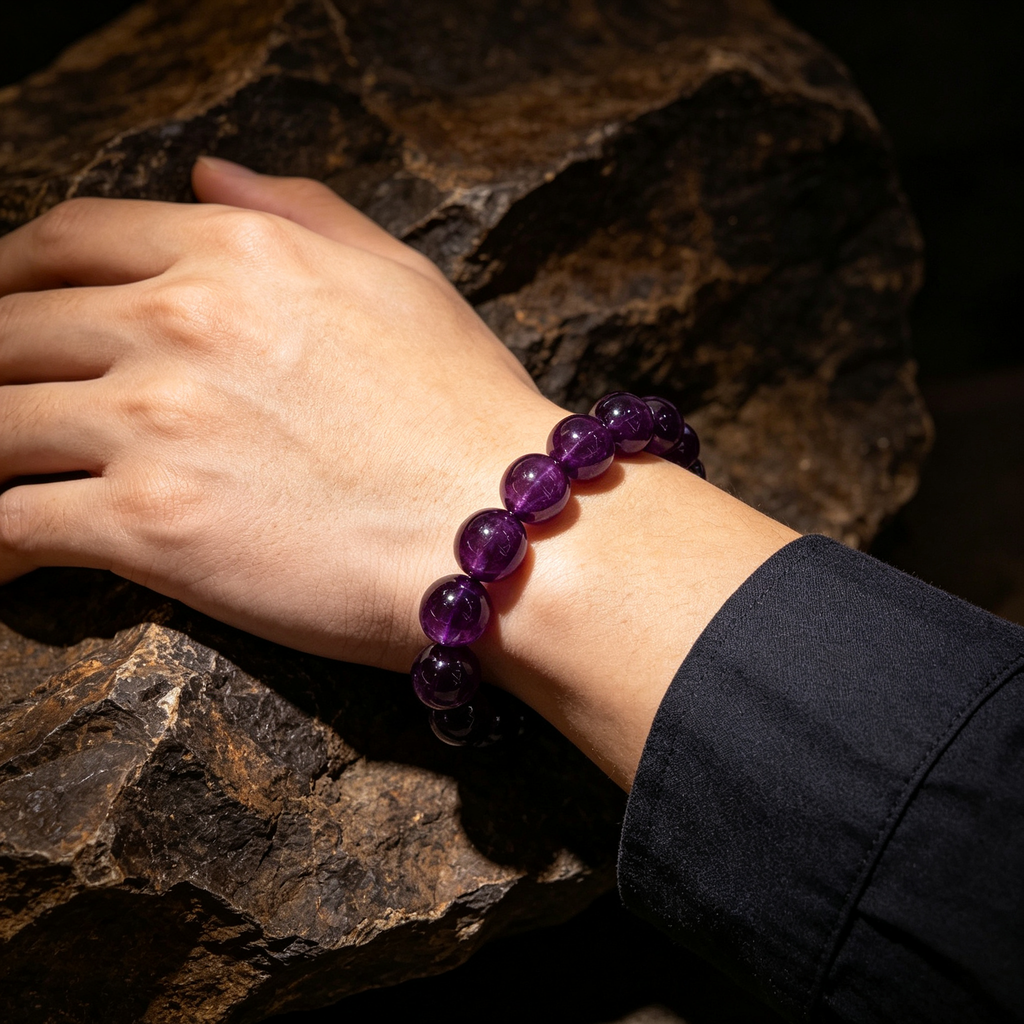 Natural Uruguayan Amethyst Crystal Beaded Bracelet for Calm Career Protection Luck Success