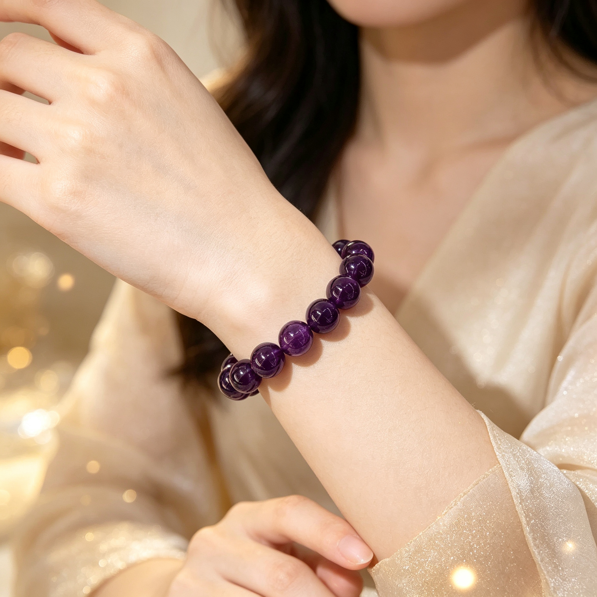 Natural Uruguayan Amethyst Crystal Beaded Bracelet for Calm Career Protection Luck Success