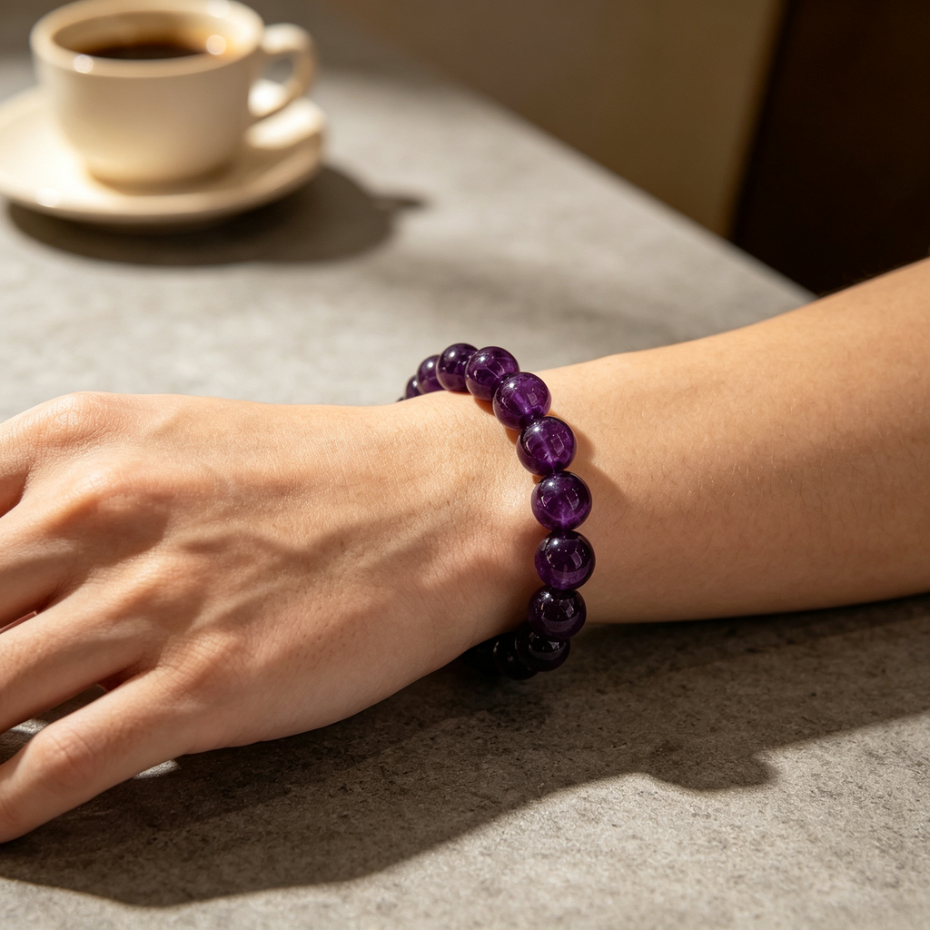 Natural Uruguayan Amethyst Crystal Beaded Bracelet for Calm Career Protection Luck Success