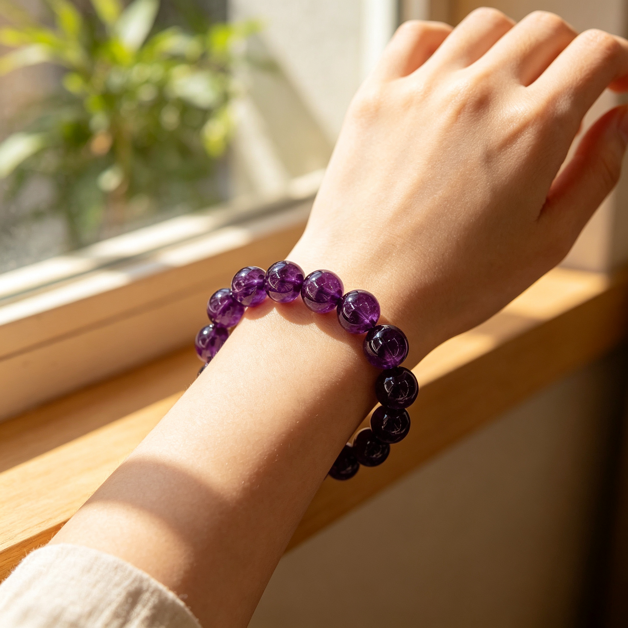 Natural Uruguayan Amethyst Crystal Beaded Bracelet for Calm Career Protection Luck Success