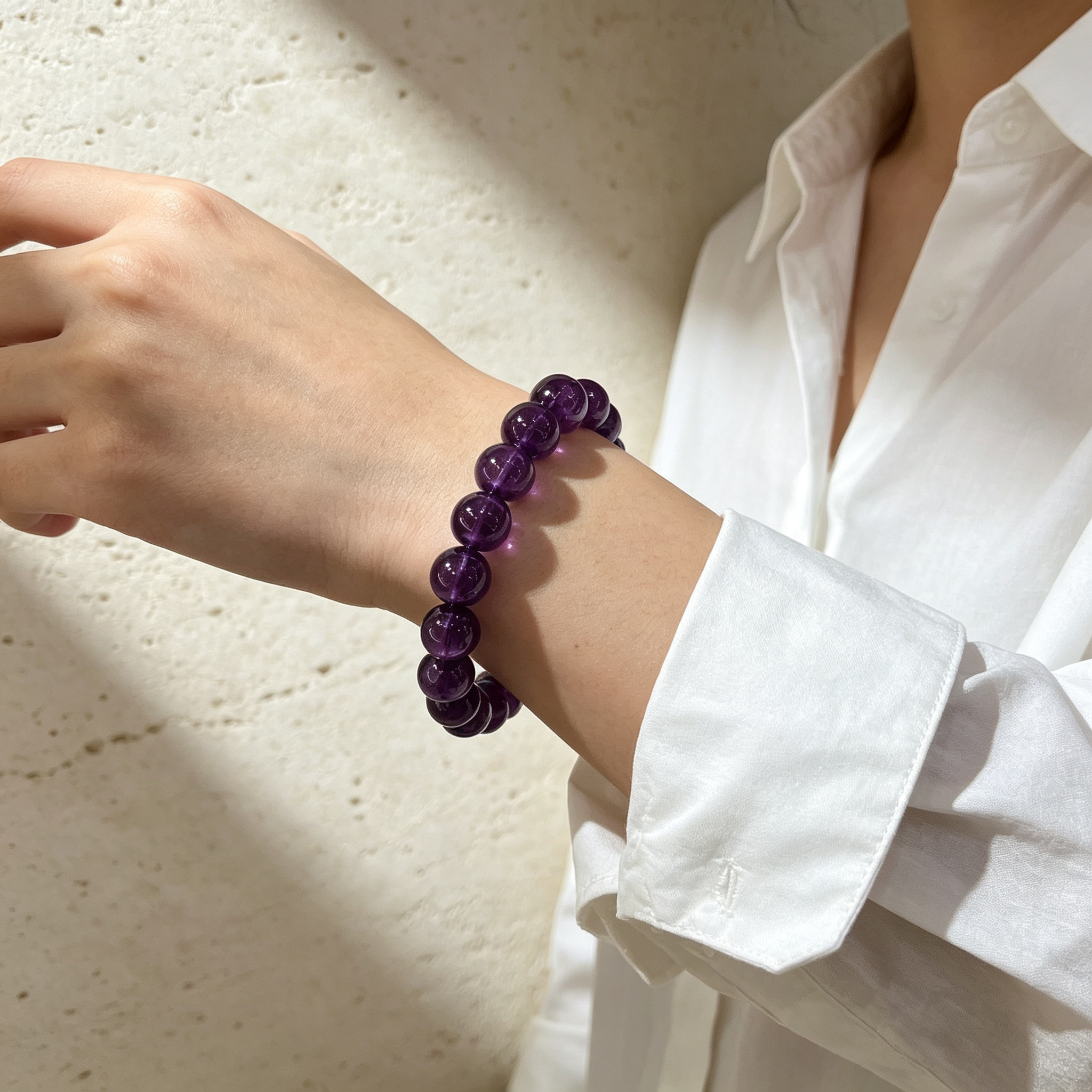 Natural Uruguayan Amethyst Crystal Beaded Bracelet for Calm Career Protection Luck Success