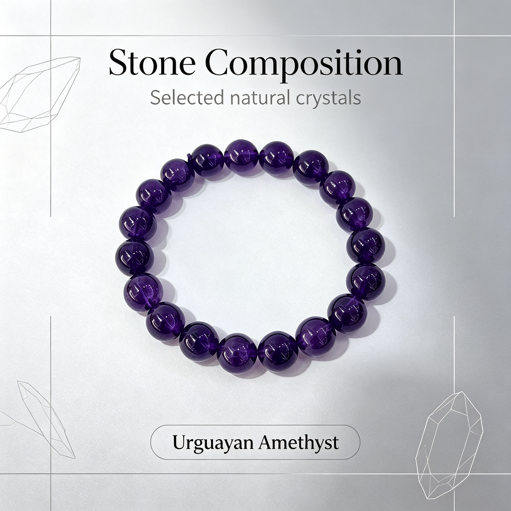 Natural Uruguayan Amethyst Crystal Beaded Bracelet for Calm Career Protection Luck Success