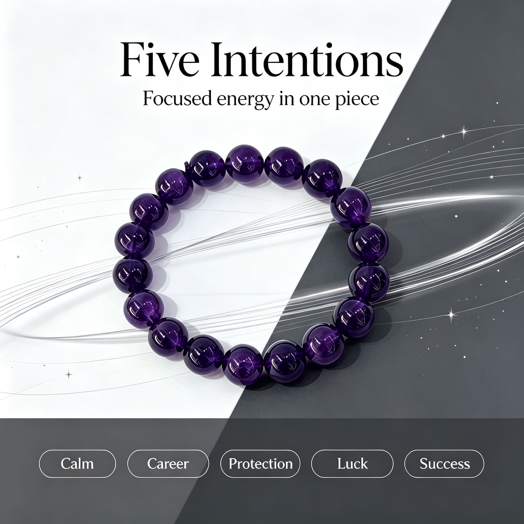 Natural Uruguayan Amethyst Crystal Beaded Bracelet for Calm Career Protection Luck Success