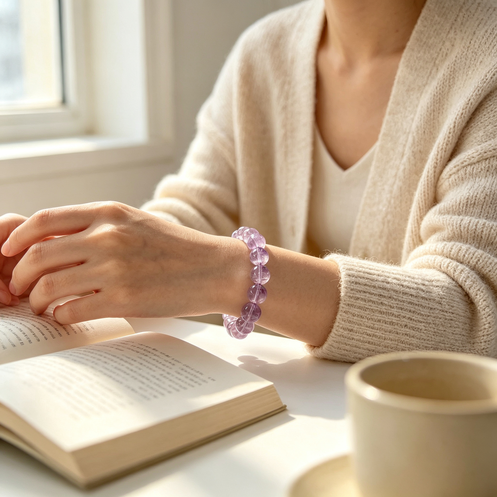Natural Light Lavender Bolivian Amethyst Beaded Bracelet for Calm Protection Luck Career Health
