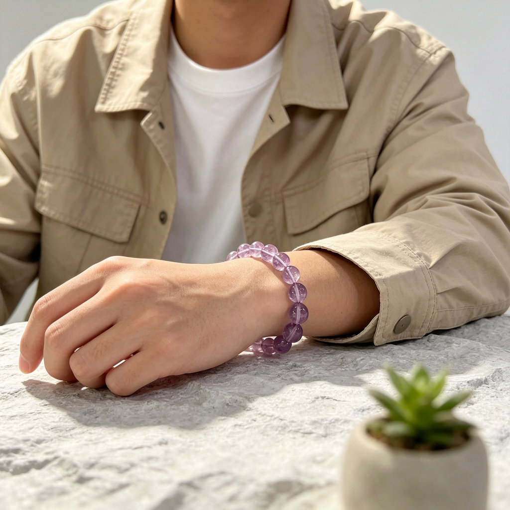 Natural Light Lavender Bolivian Amethyst Beaded Bracelet for Calm Protection Luck Career Health