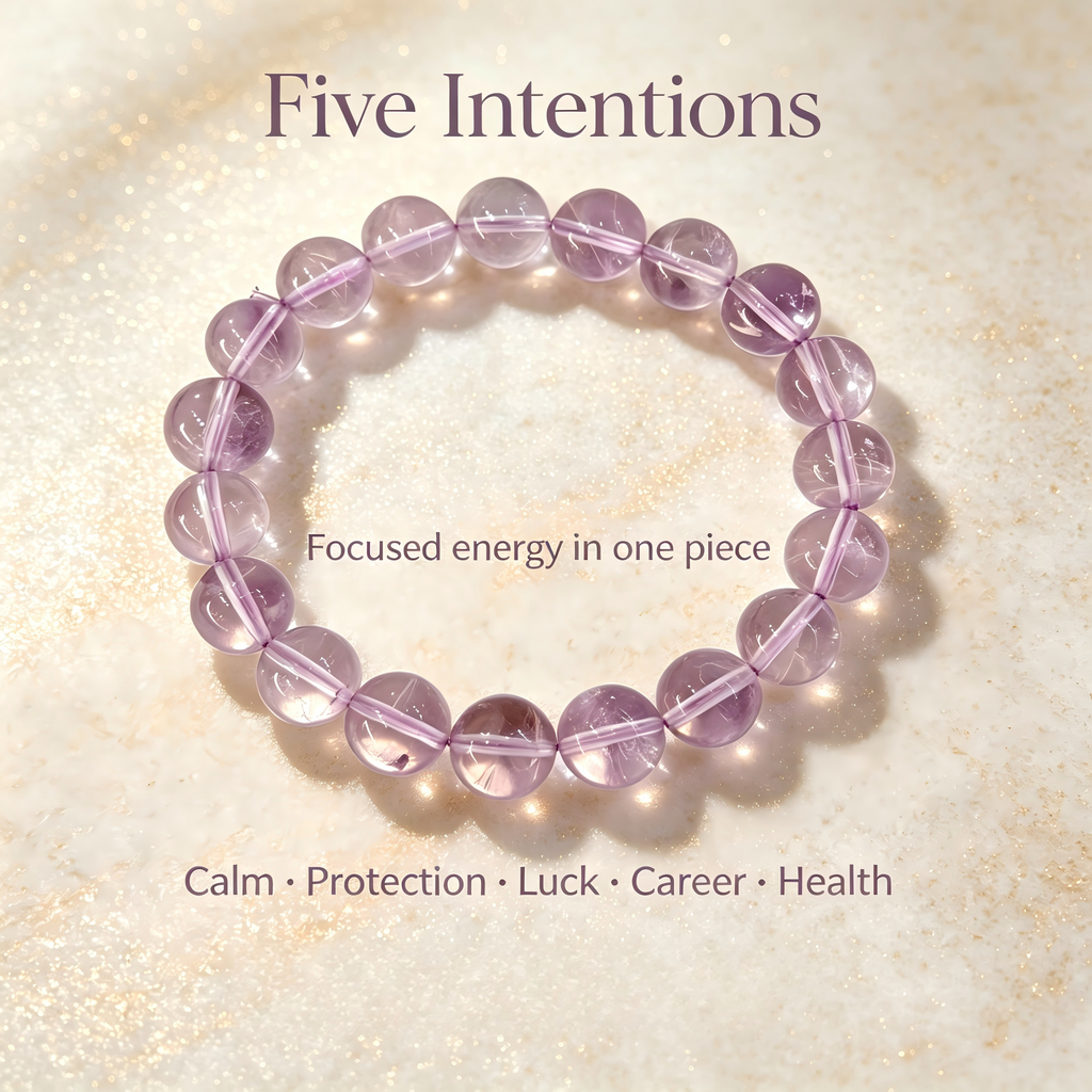 Natural Light Lavender Bolivian Amethyst Beaded Bracelet for Calm Protection Luck Career Health