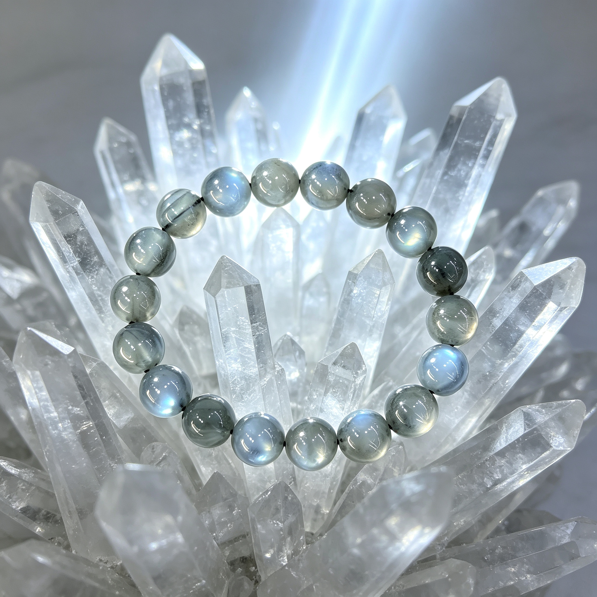 Natural Grey Moonstone Beaded Bracelet for Calm Protection Luck Road Opener Health