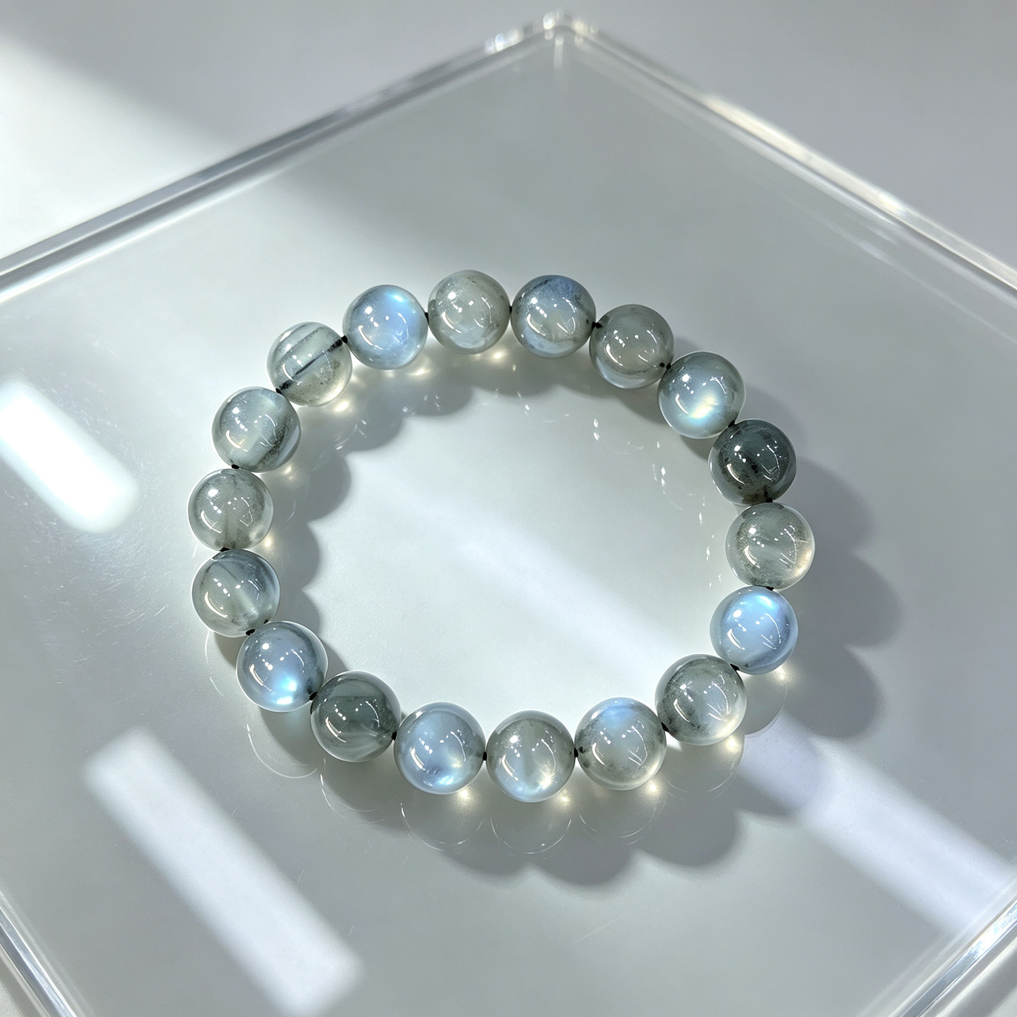 Natural Grey Moonstone Beaded Bracelet for Calm Protection Luck Road Opener Health