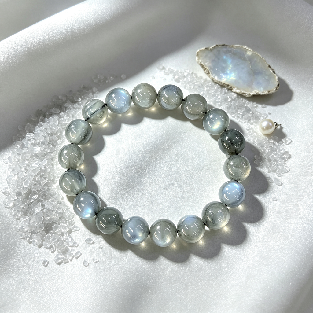 Natural Grey Moonstone Beaded Bracelet for Calm Protection Luck Road Opener Health