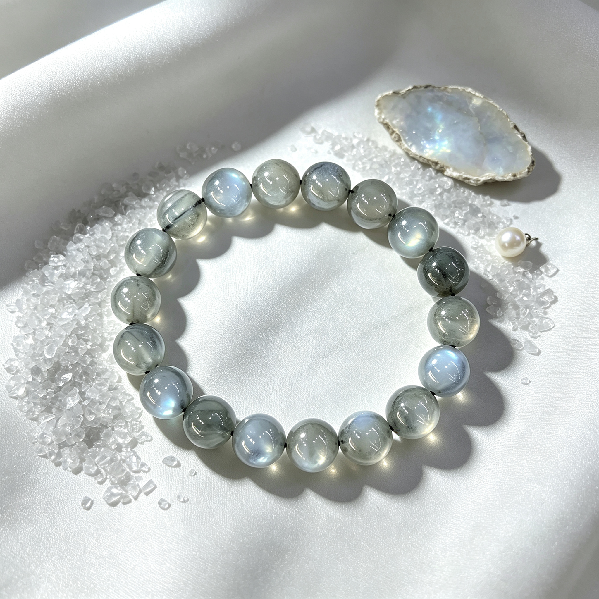 Natural Grey Moonstone Beaded Bracelet for Calm Protection Luck Road Opener Health