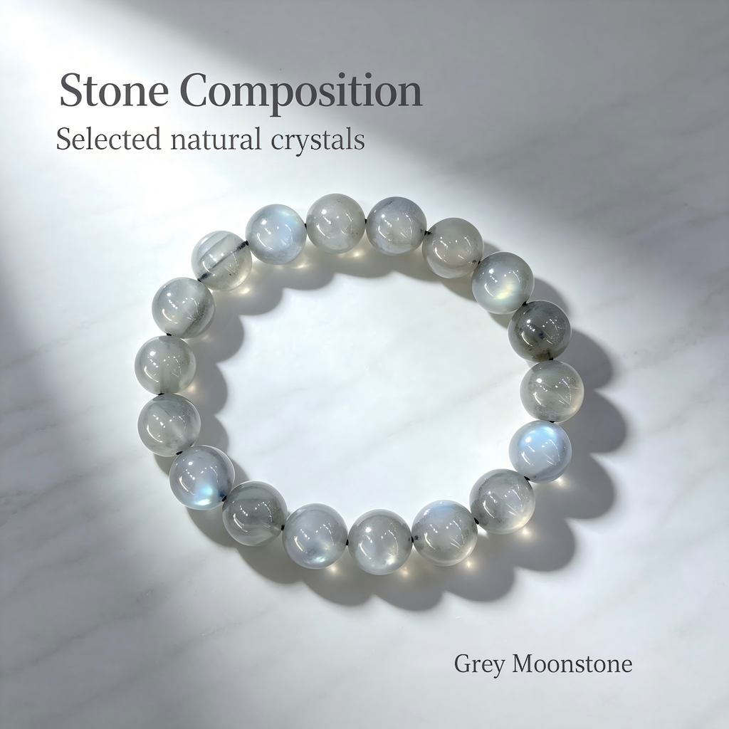 Natural Grey Moonstone Beaded Bracelet for Calm Protection Luck Road Opener Health