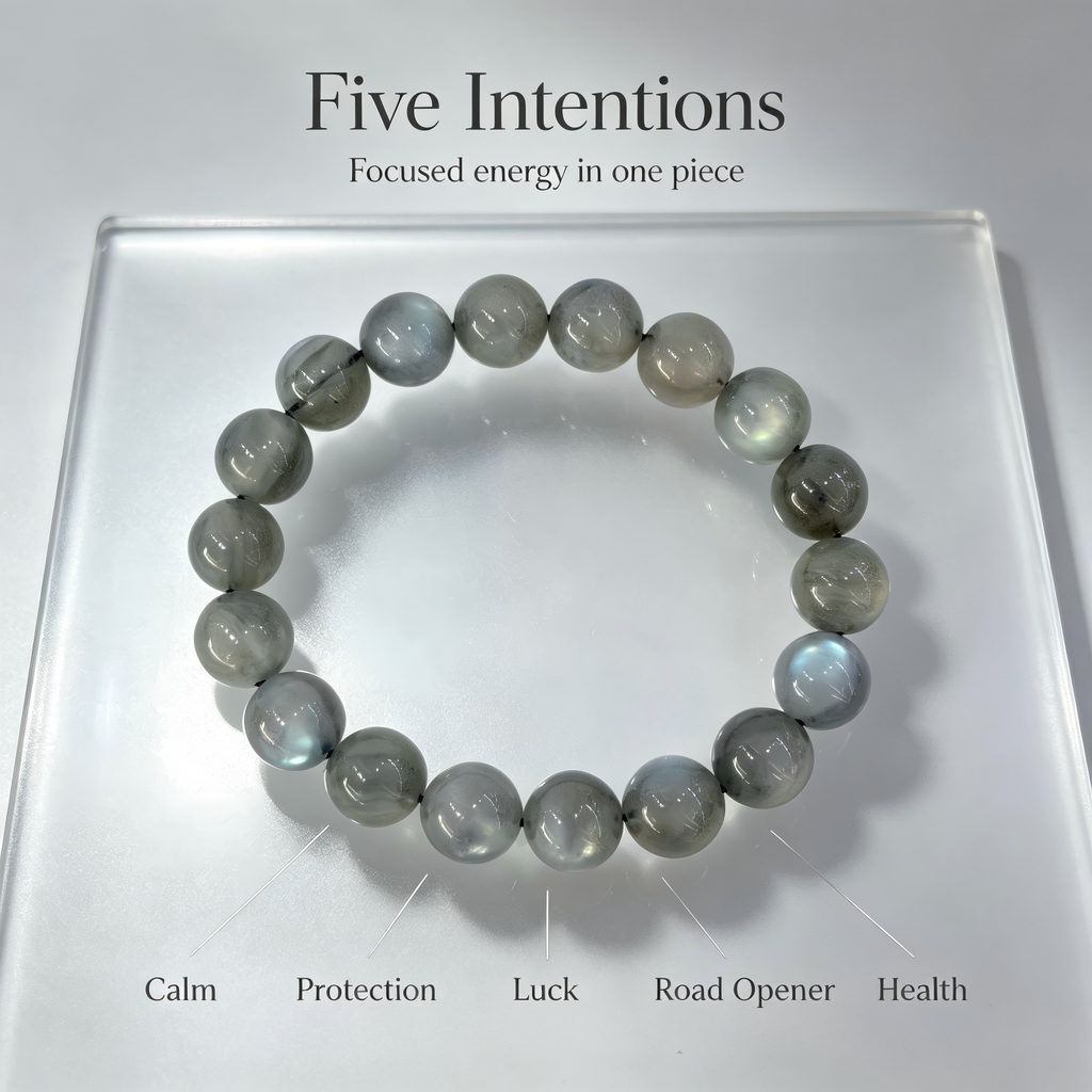 Natural Grey Moonstone Beaded Bracelet for Calm Protection Luck Road Opener Health