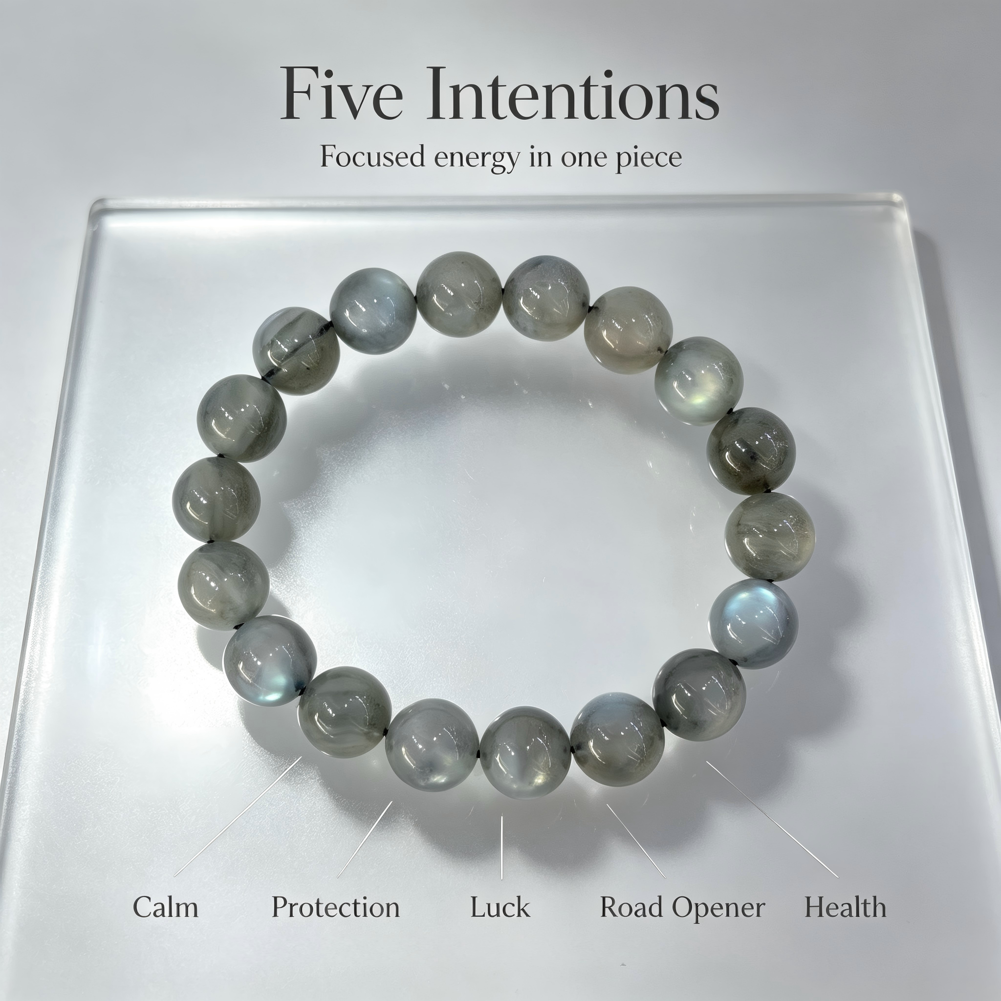 Natural Grey Moonstone Beaded Bracelet for Calm Protection Luck Road Opener Health